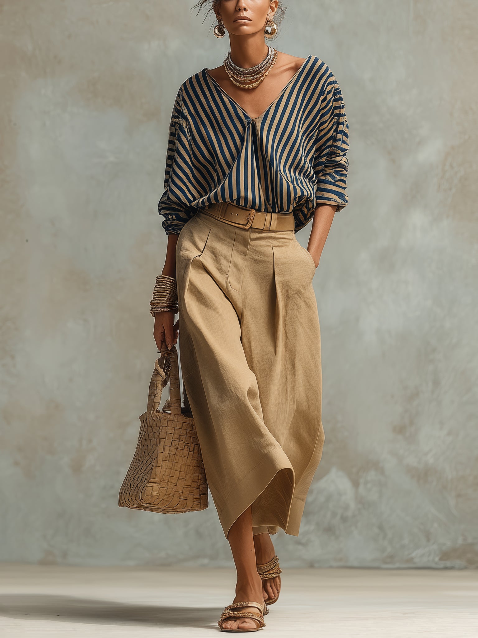 Navy Striped V-Neck Blouse And Khaki Wide Leg Pants Set