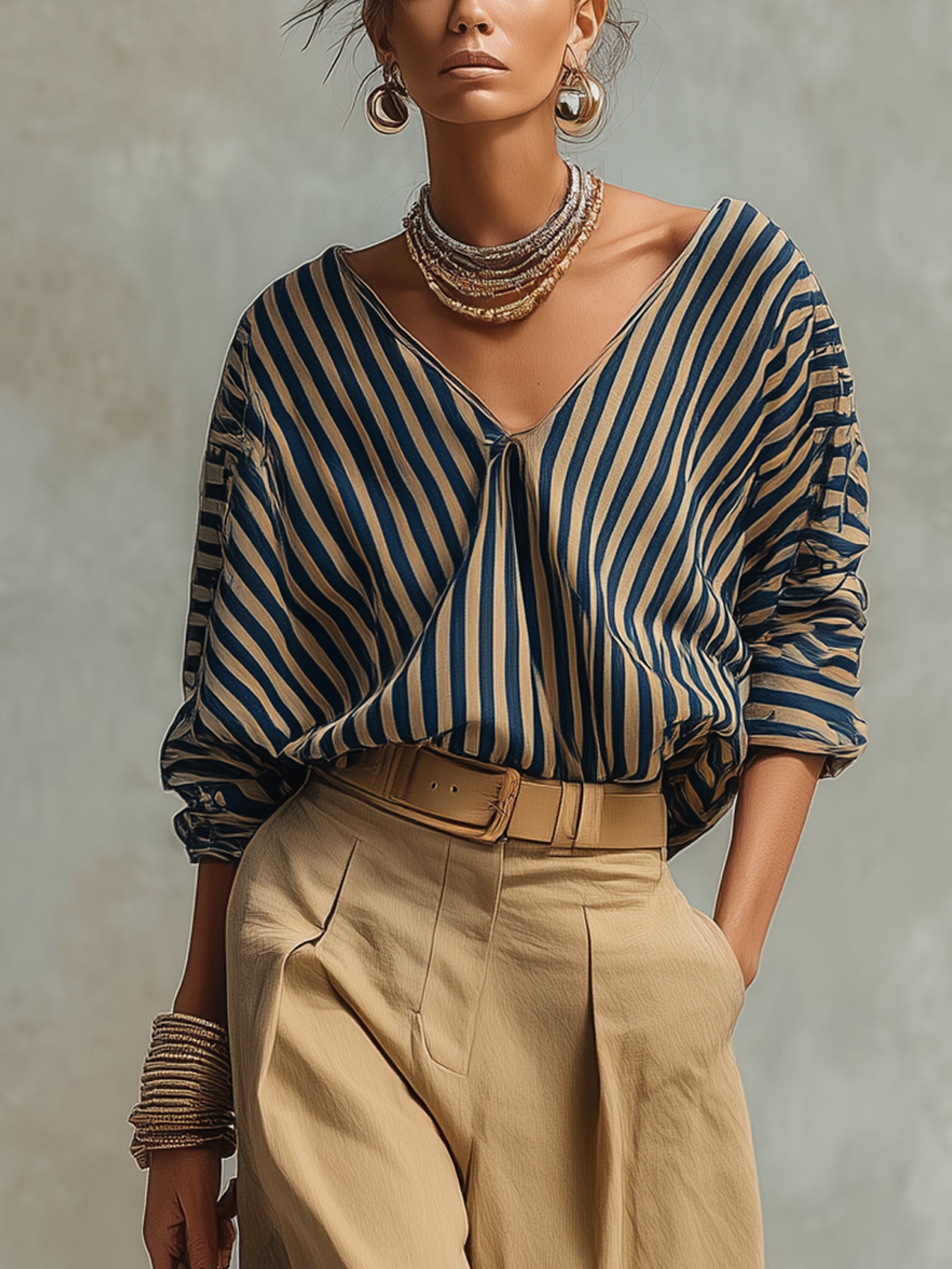 Navy Striped V-Neck Blouse And Khaki Wide Leg Pants Set