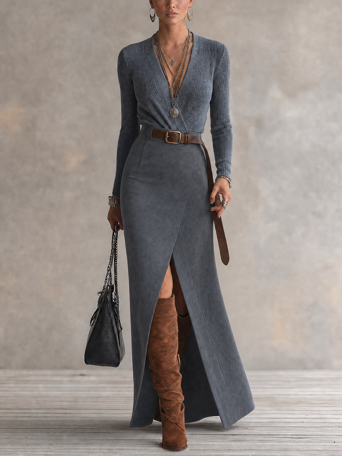 Dusty Blue Ribbed Knit Wrap Top & Suede High Slit Maxi Skirt Two-Piece Set