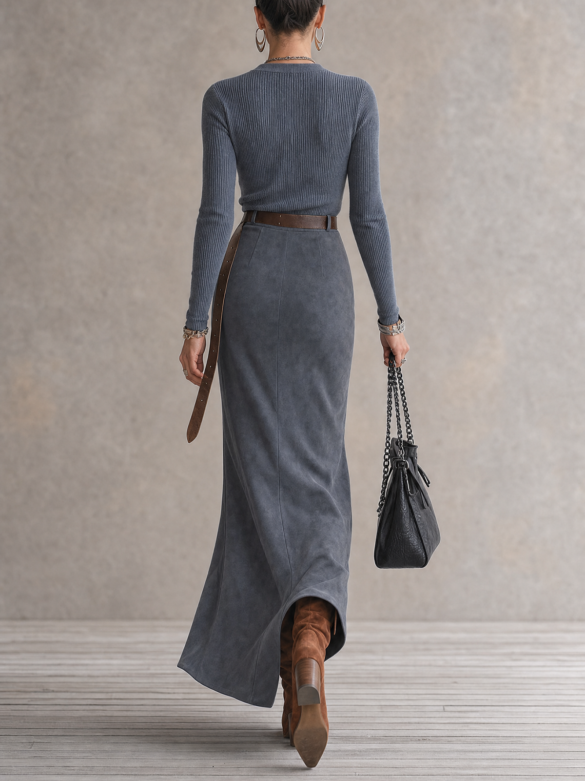 Dusty Blue Ribbed Knit Wrap Top & Suede High Slit Maxi Skirt Two-Piece Set