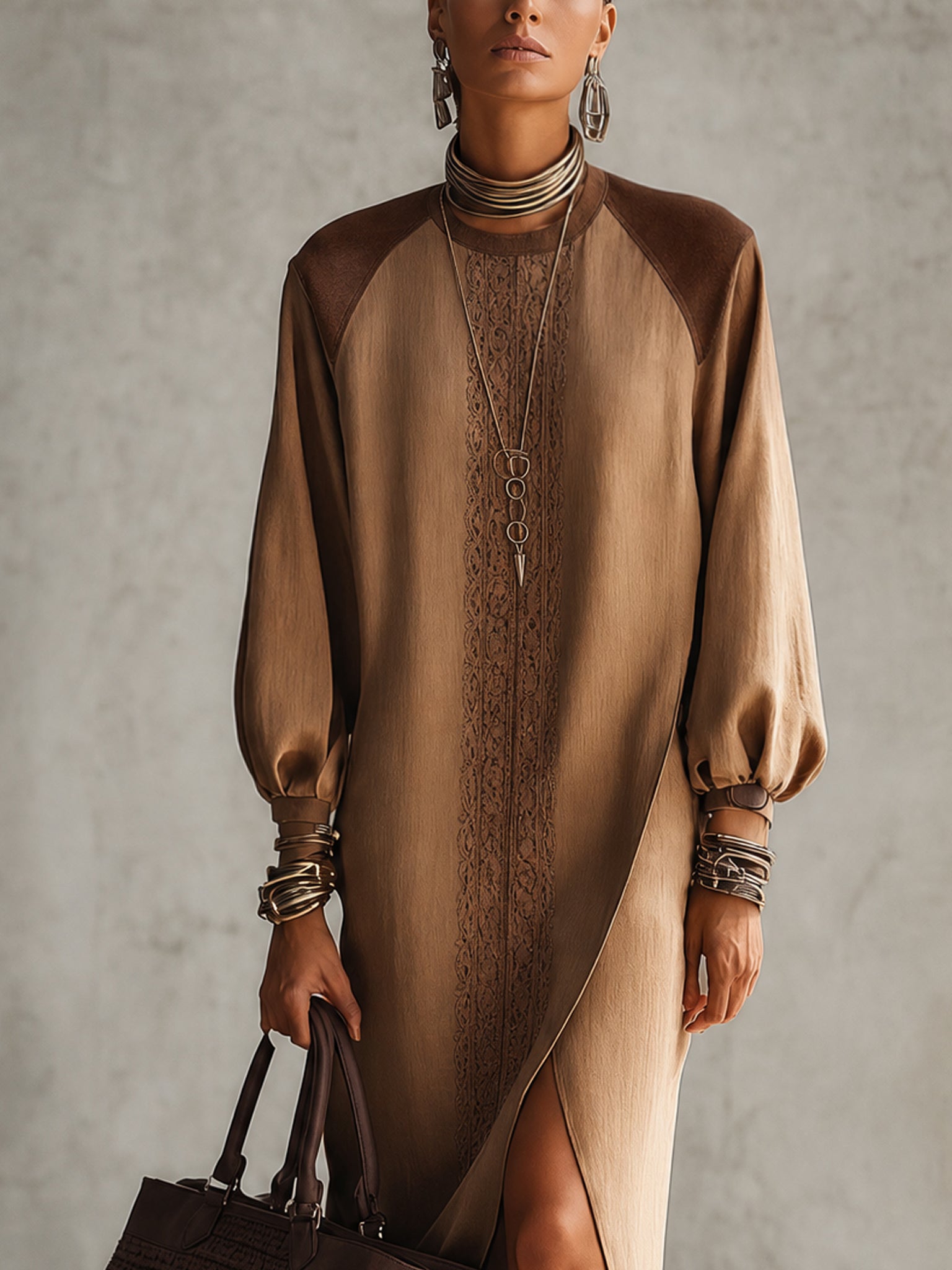 Brown Linen Blend Faux Suede Panel Slit Maxi Dress