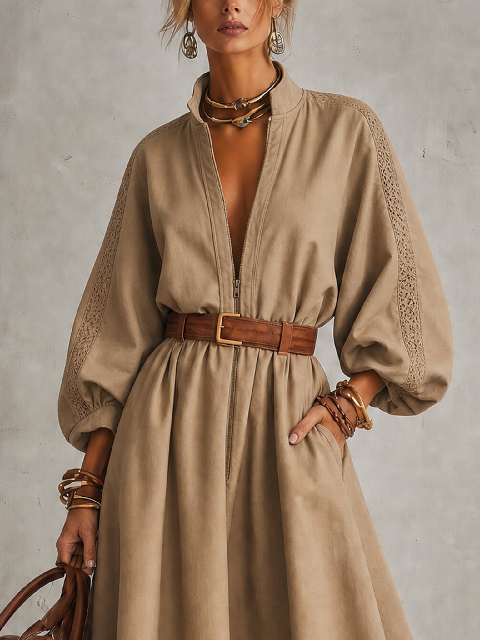 Khaki Half Zip Long Sleeve Midi Dress Belt Not Included