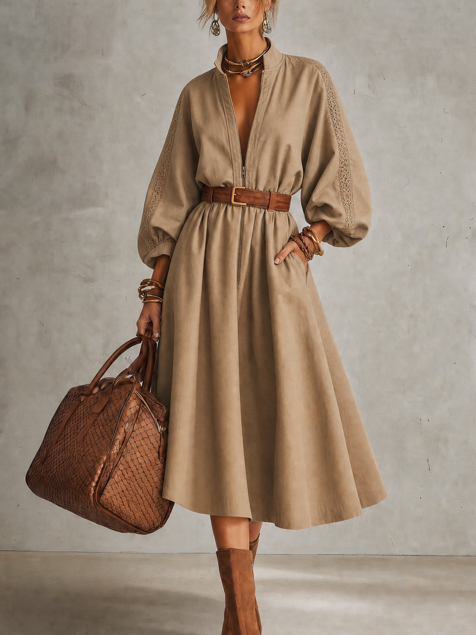 Khaki Half Zip Long Sleeve Midi Dress Belt Not Included