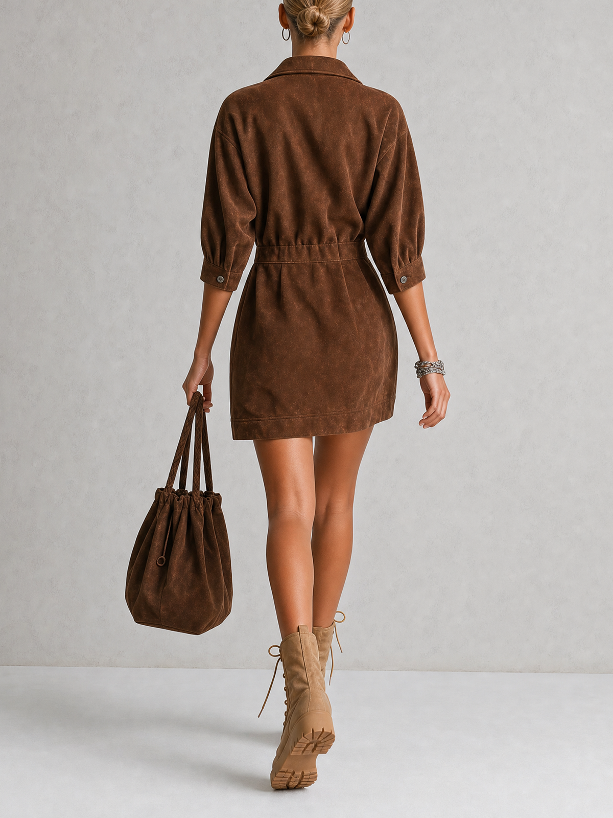 Brown Suede Collar Zip Front Cuffed Sleeve Mini Dress