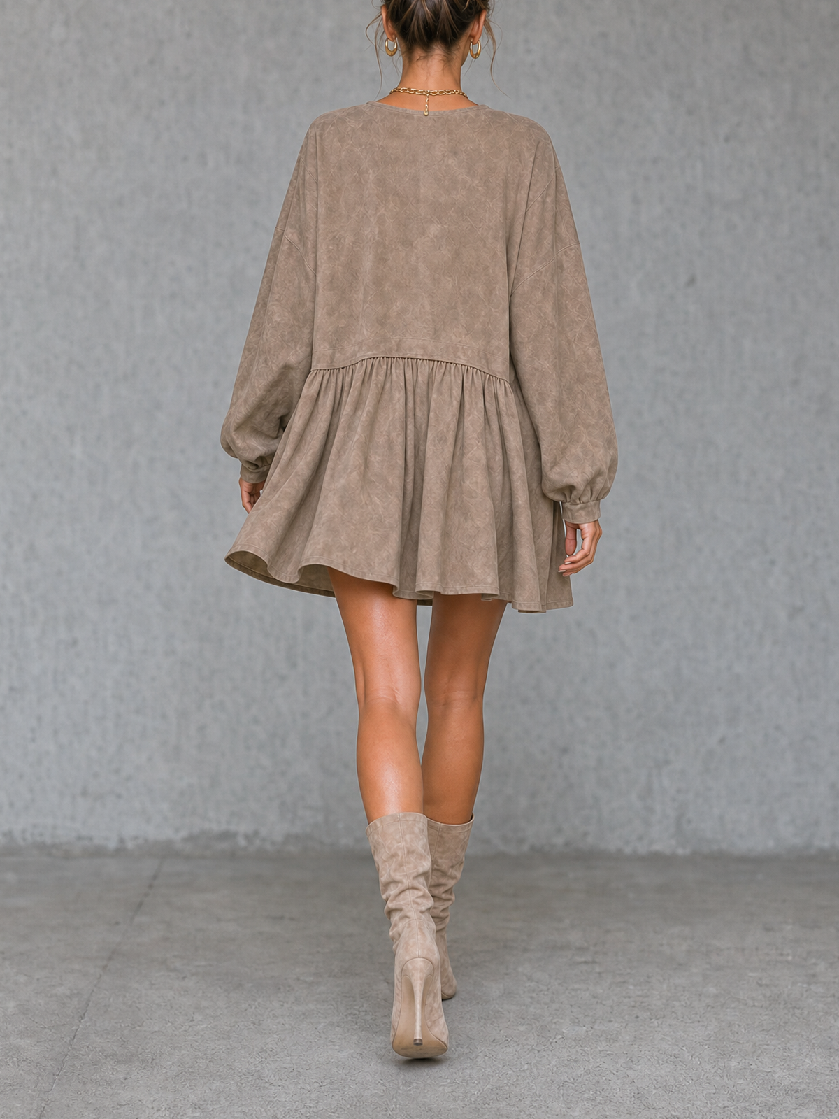 Taupe Textured Suede V-Neck Balloon Sleeve Ruffled Mini Dress
