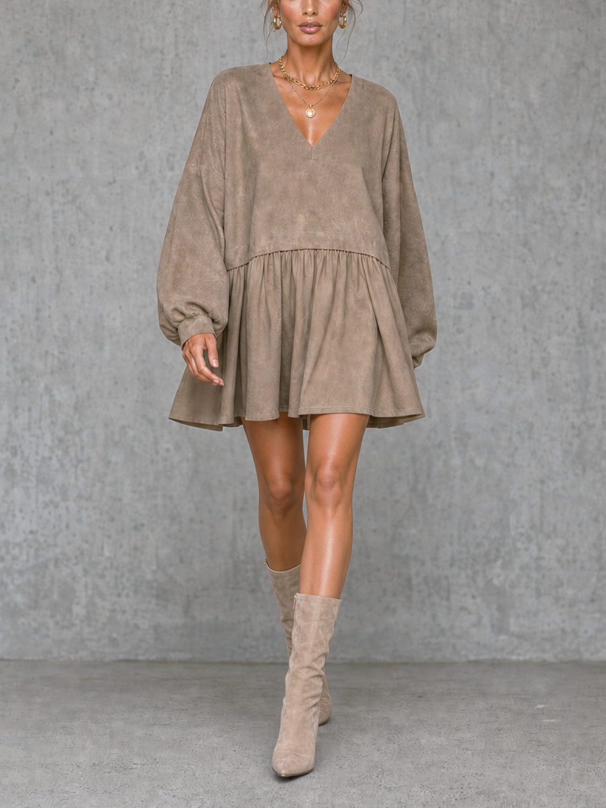 Taupe Textured Suede V-Neck Balloon Sleeve Ruffled Mini Dress