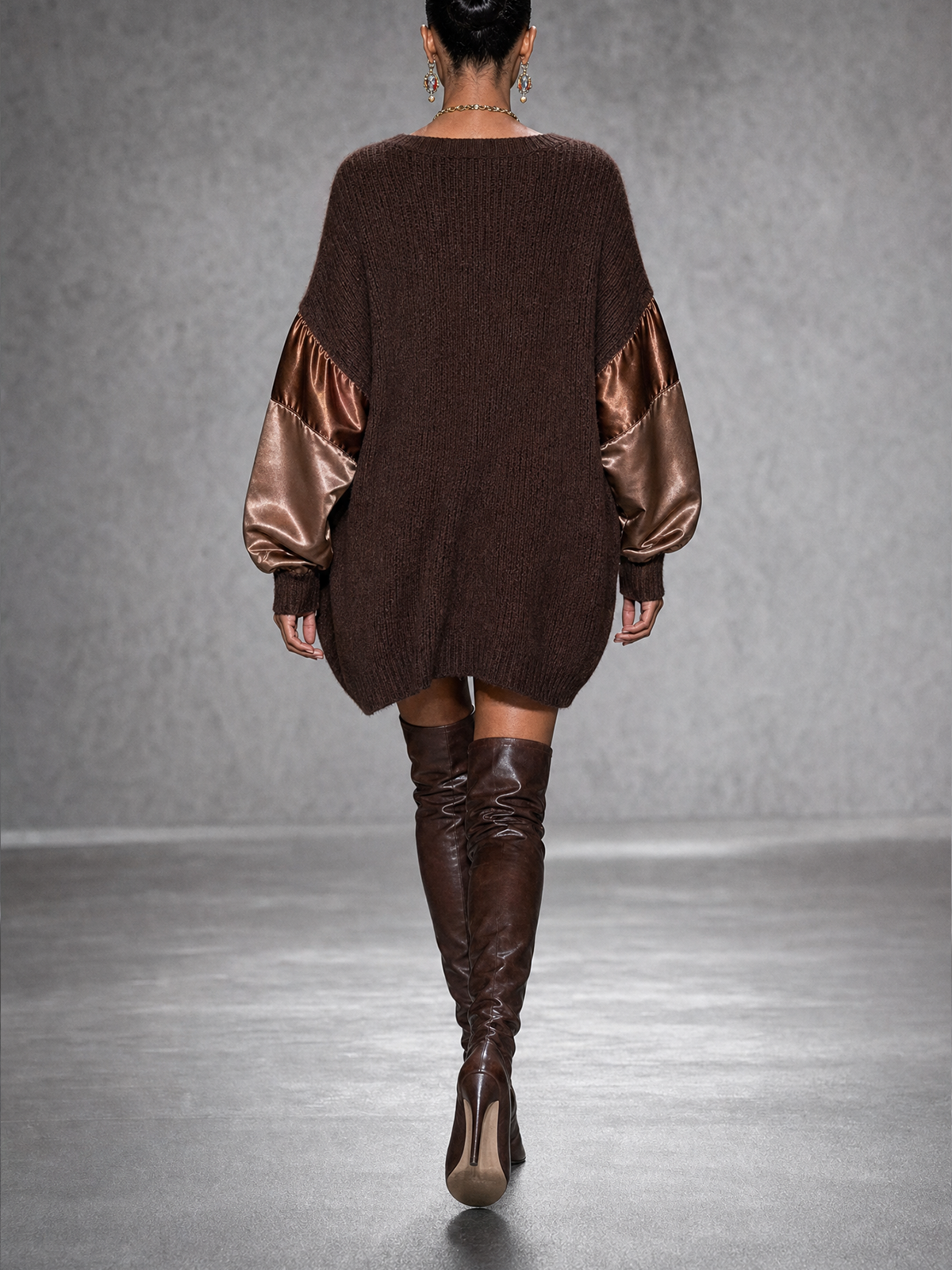Dark Brown Ribbed Knit Satin Patchwork V-Neck Oversized Mini Sweater Dress