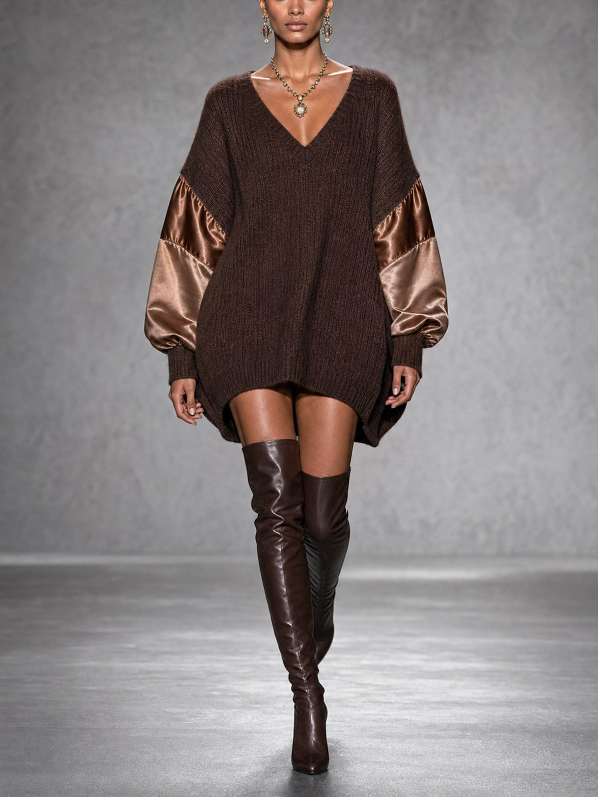 Dark Brown Ribbed Knit Satin Patchwork V-Neck Oversized Mini Sweater Dress