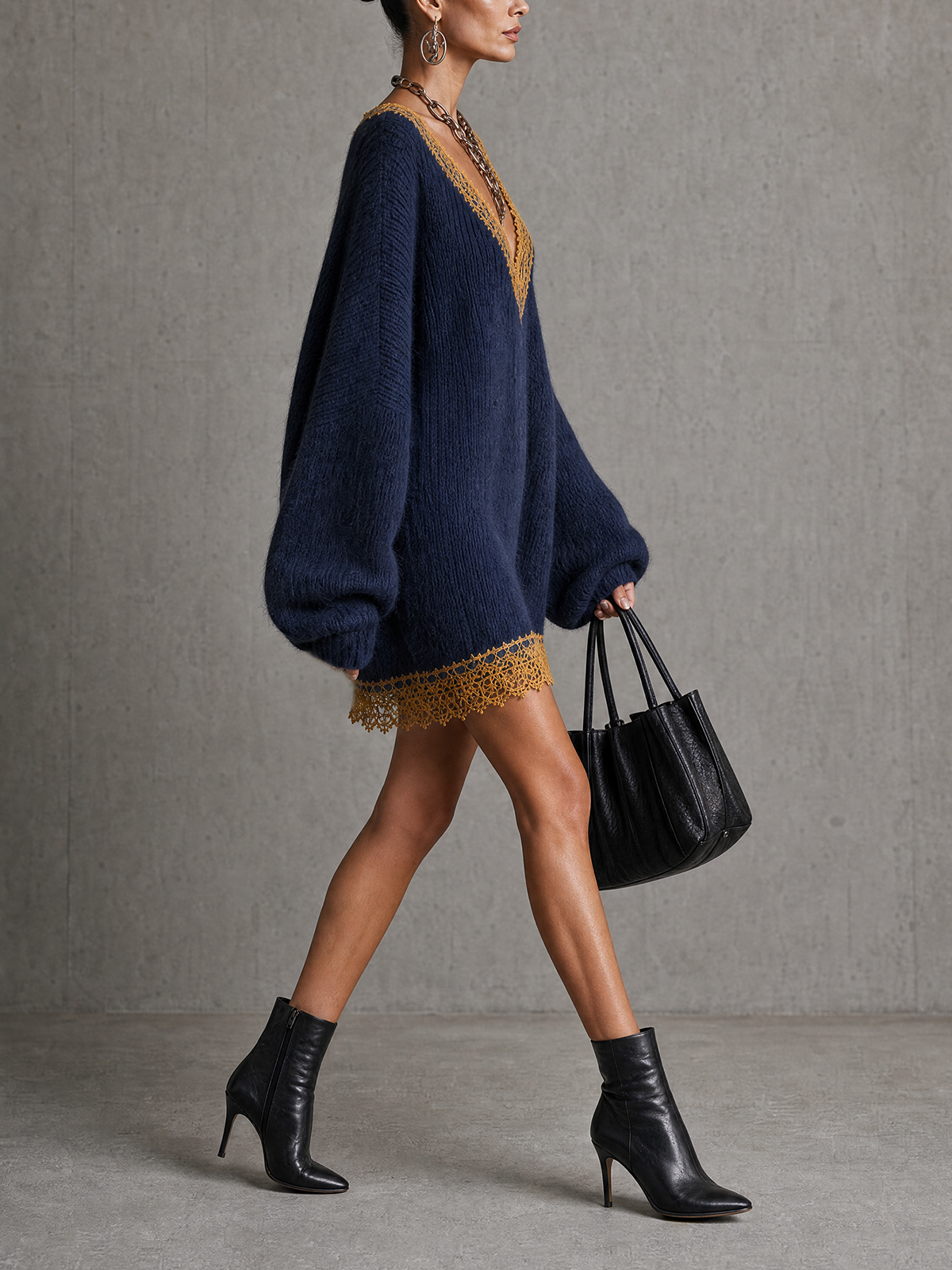 Navy Fluffy Mohair Lace Trim Deep V Oversized Mini Sweater Dress