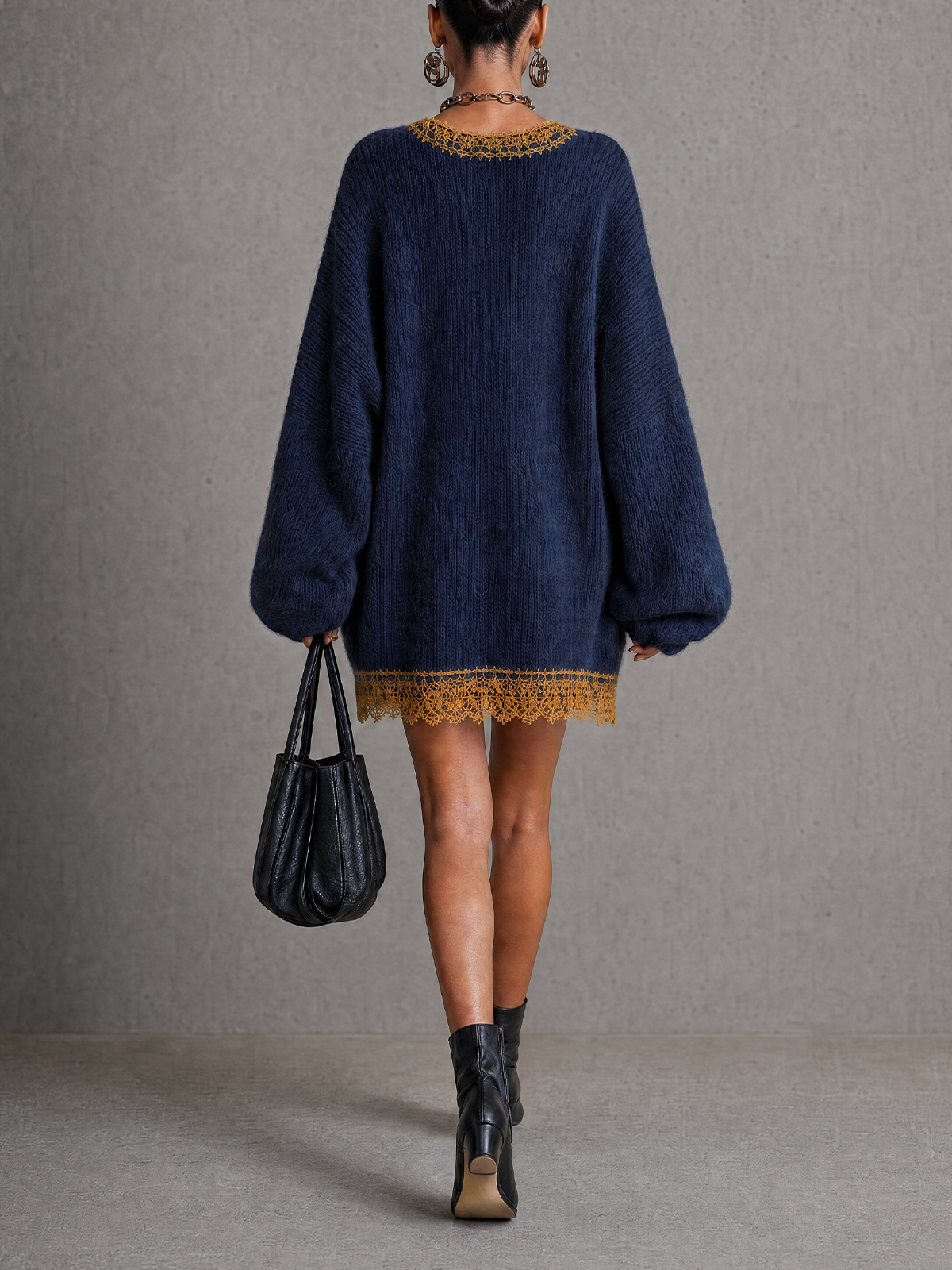 Navy Fluffy Mohair Lace Trim Deep V Oversized Mini Sweater Dress