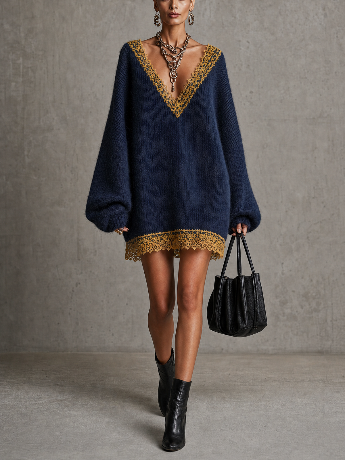 Navy Fluffy Mohair Lace Trim Deep V Oversized Mini Sweater Dress