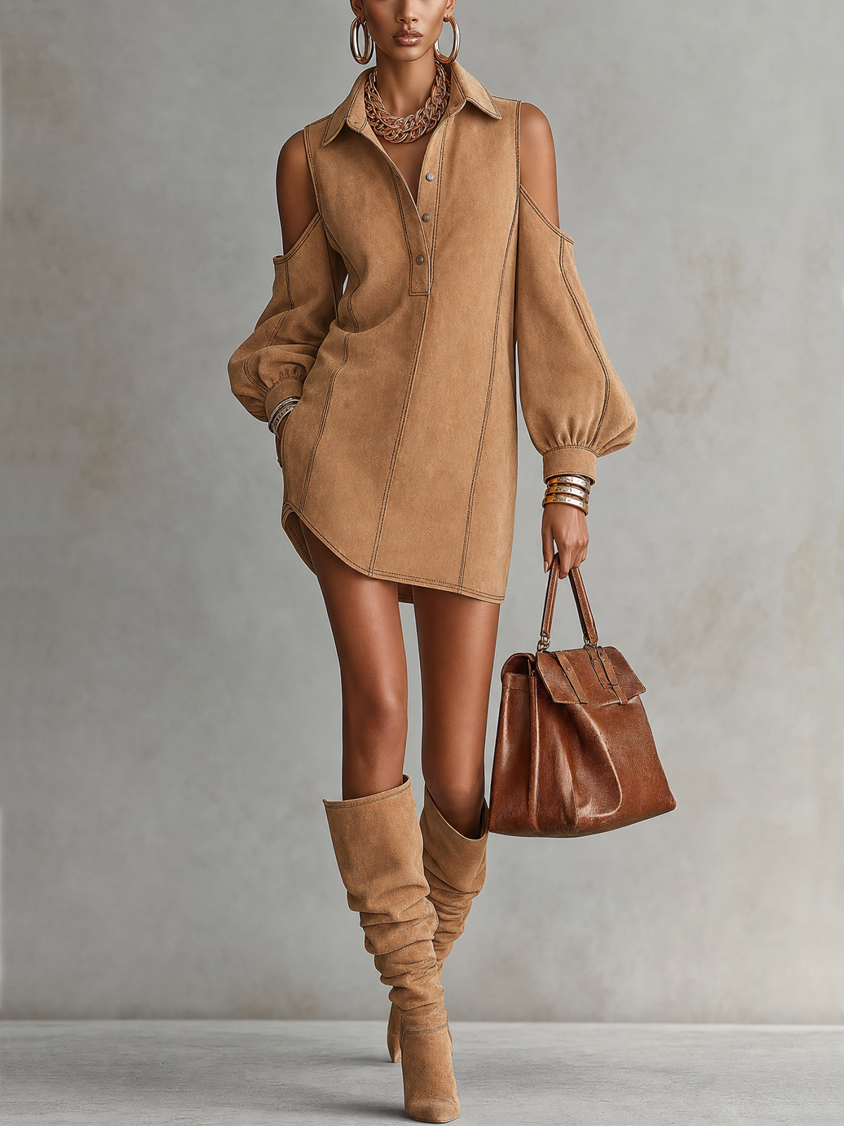 Camel Suede Collared Cold Shoulder Balloon Sleeve Mini Shirt Dress