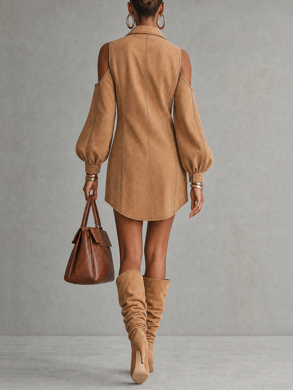 Camel Suede Collared Cold Shoulder Balloon Sleeve Mini Shirt Dress