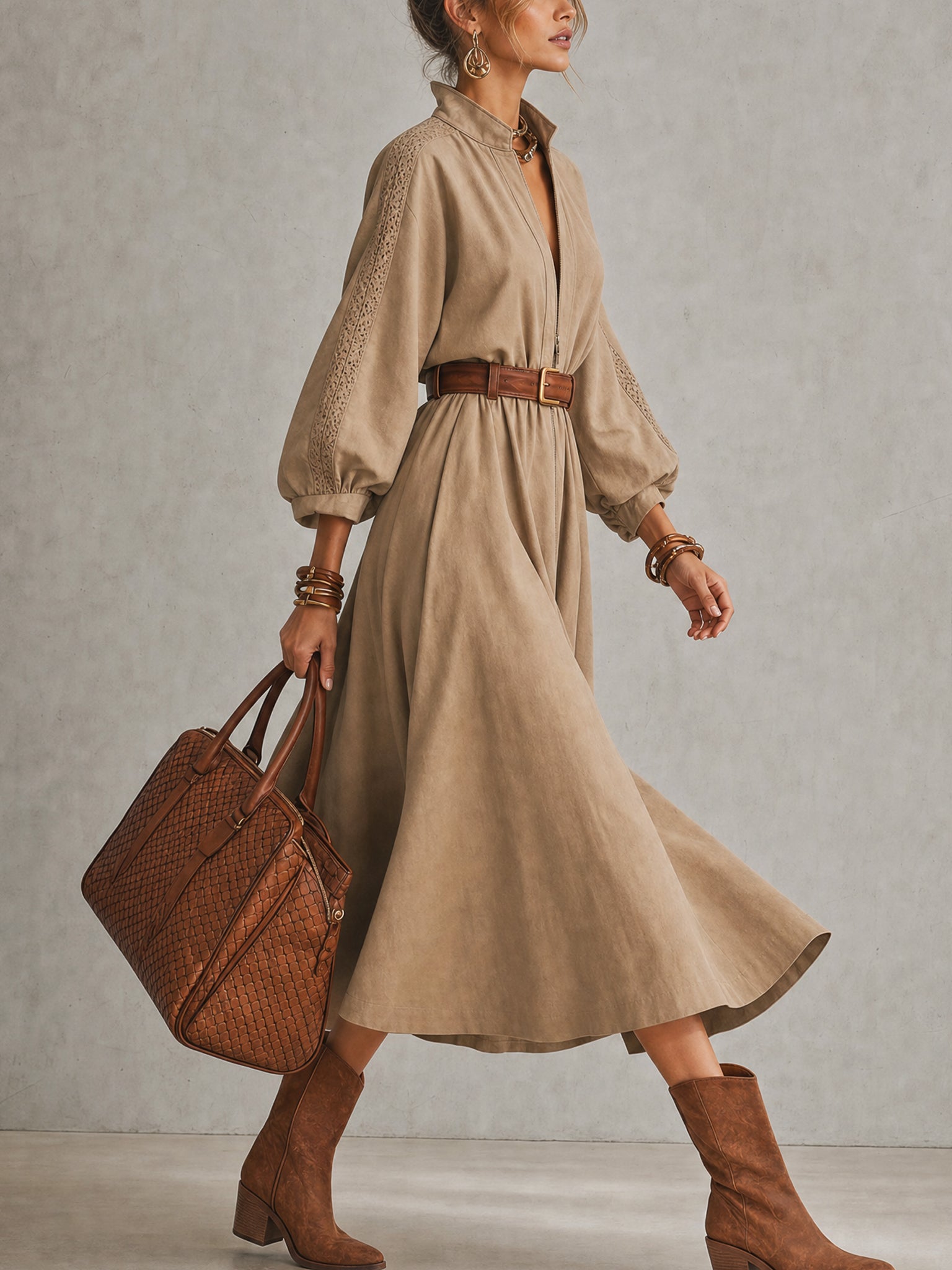 Khaki Half Zip Long Sleeve Midi Dress Belt Not Included