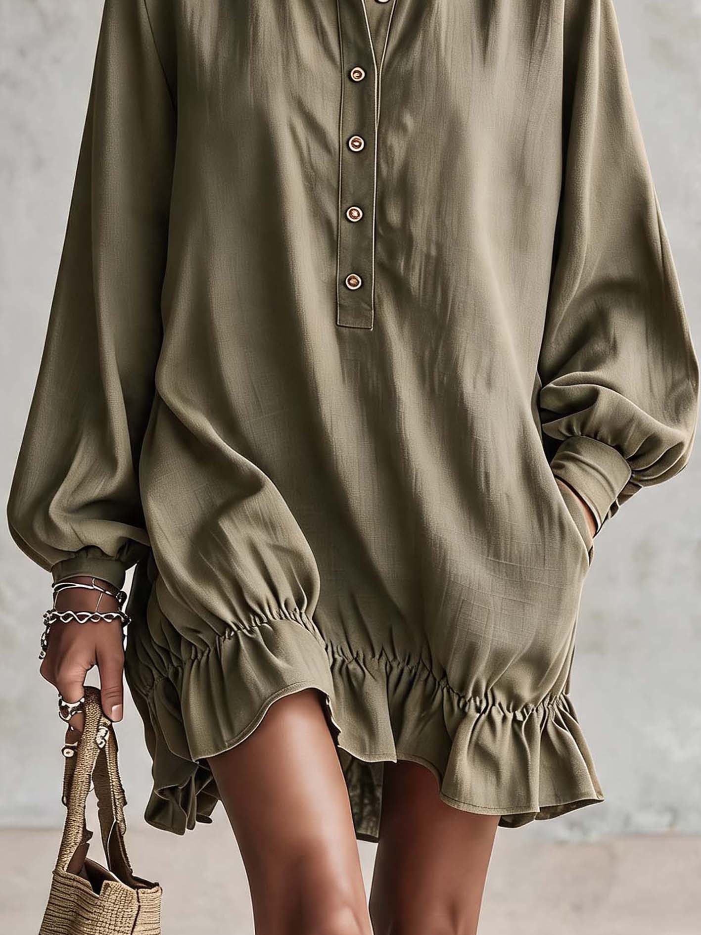 Olive Green Linen Blend Mini Dress With Button Placket And Ruffle Hem