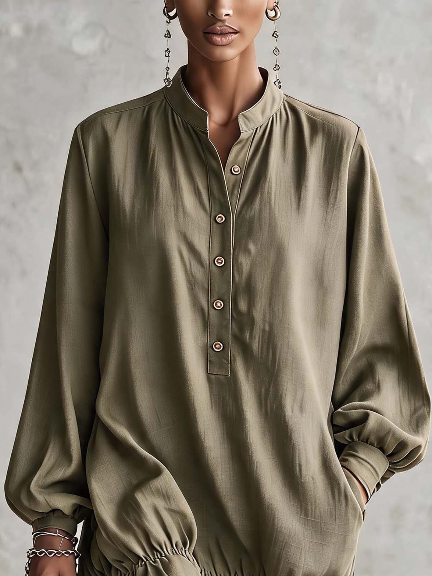 Olive Green Linen Blend Mini Dress With Button Placket And Ruffle Hem