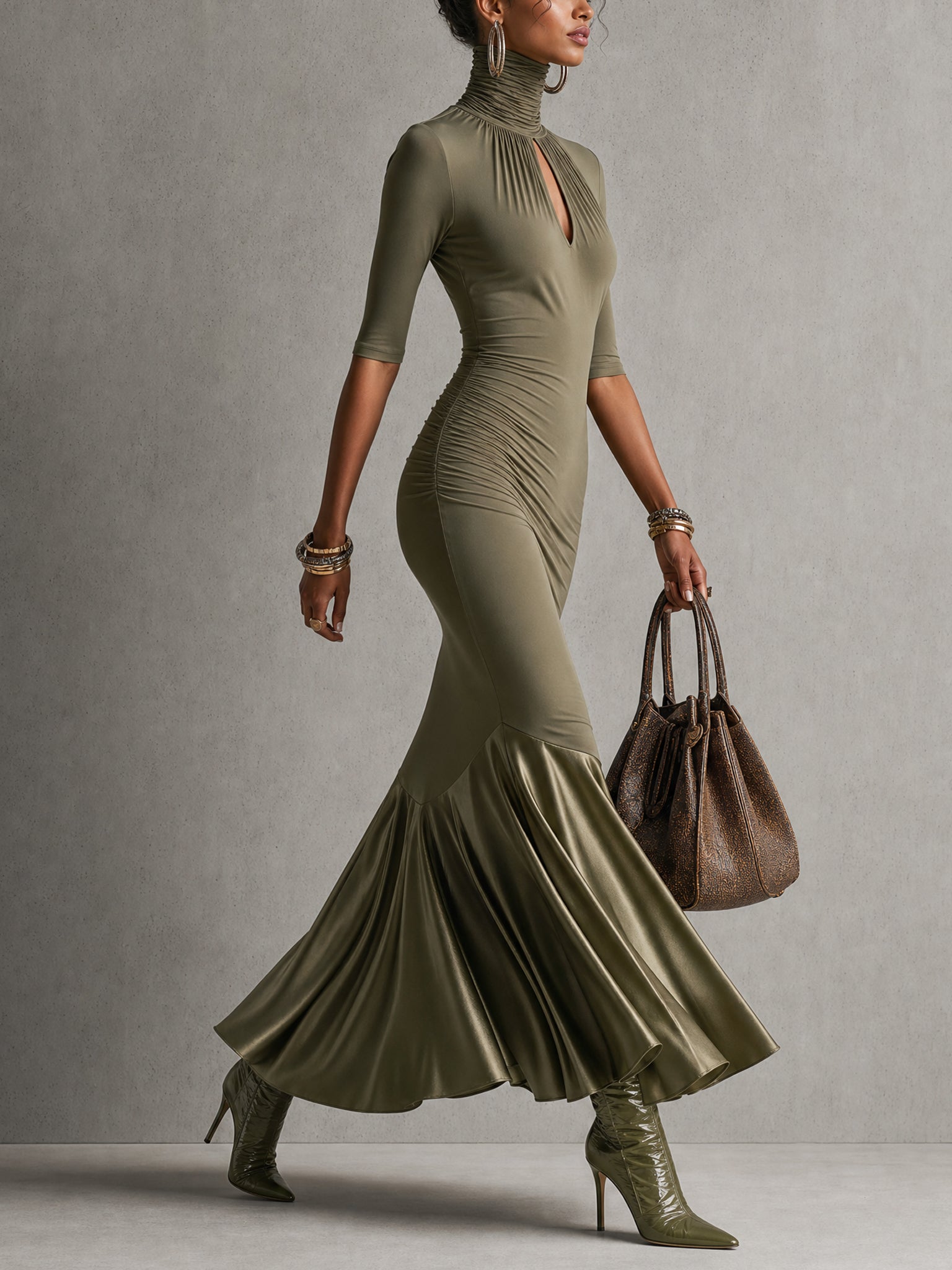 Green Matte Stretch Fabric And Satin Panel Mermaid Bodycon Dress