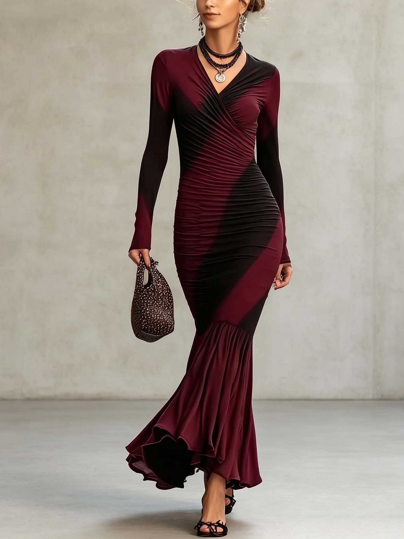 Burgundy And Black Ombre Ruched Bodycon Maxi Dress With Flared Hem