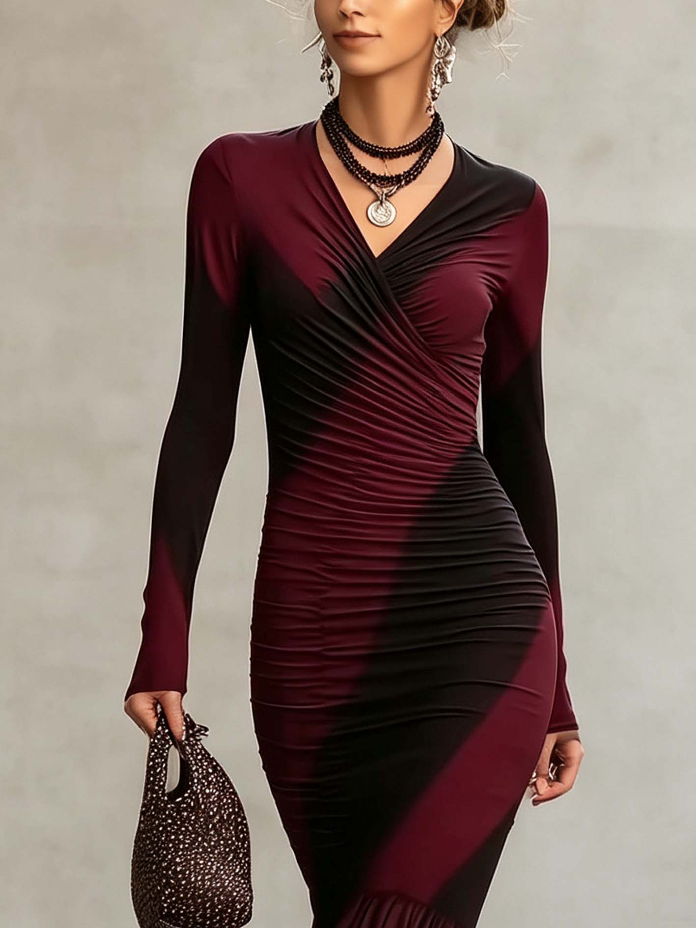 Burgundy And Black Ombre Ruched Bodycon Maxi Dress With Flared Hem