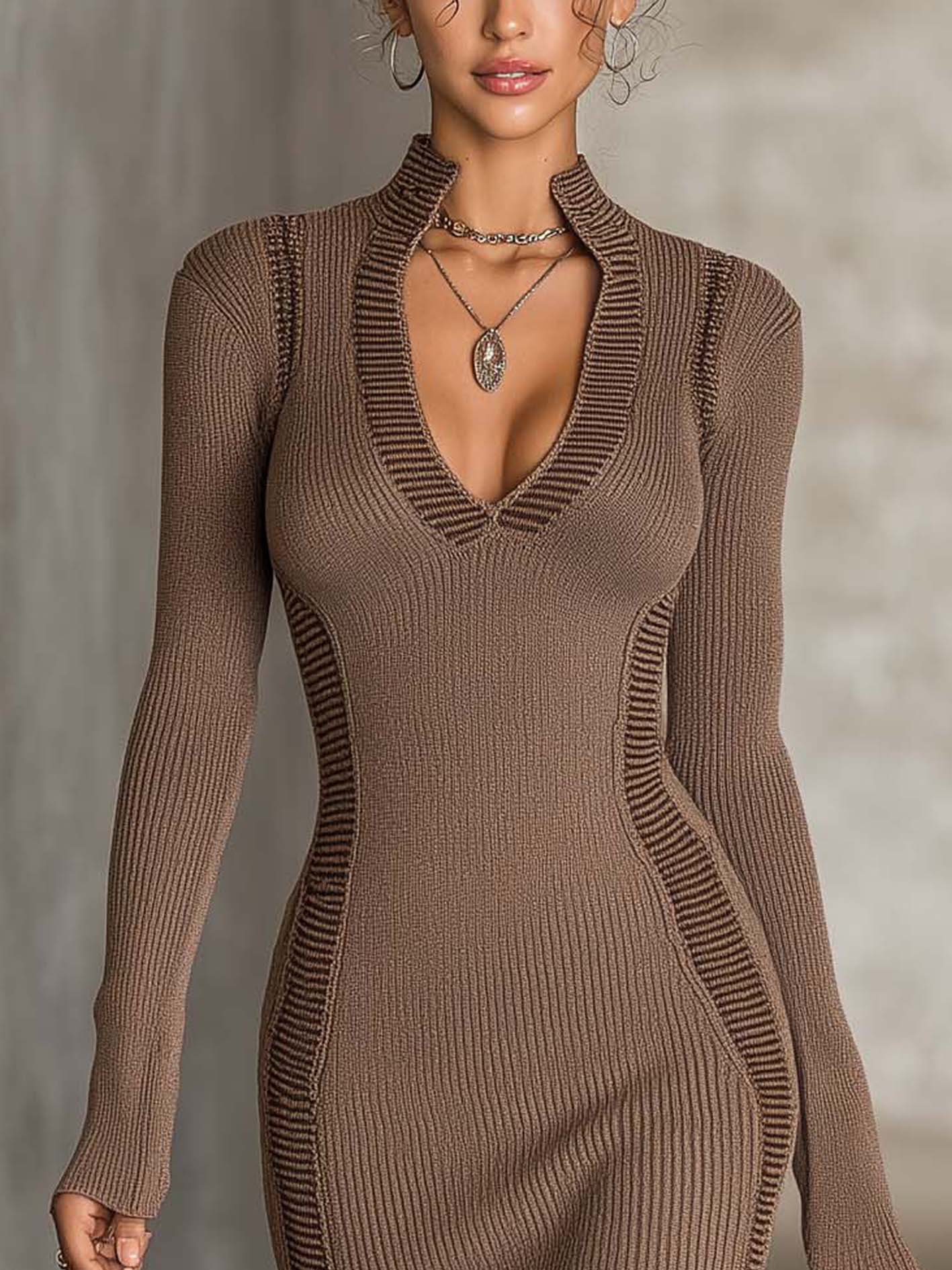 Mocha Ribbed Knit Bodycon Mini Dress With Deep V-Neck