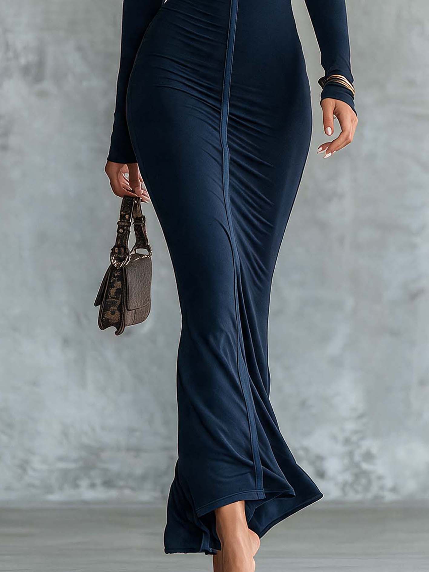 Navy One-Shoulder Bodycon Maxi Dress With Embellished Neckline And Contrast Seaming