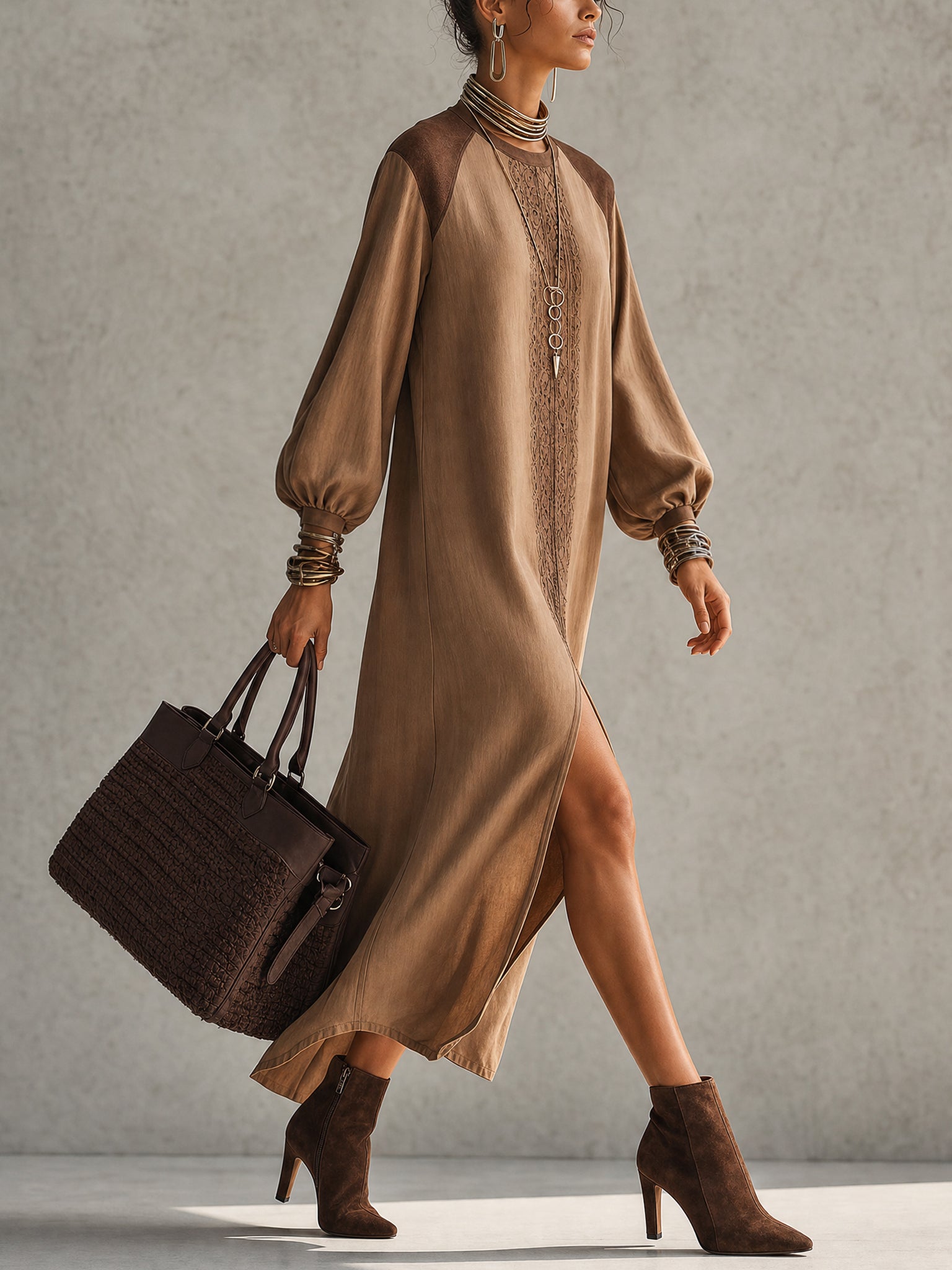 Brown Linen Blend Faux Suede Panel Slit Maxi Dress