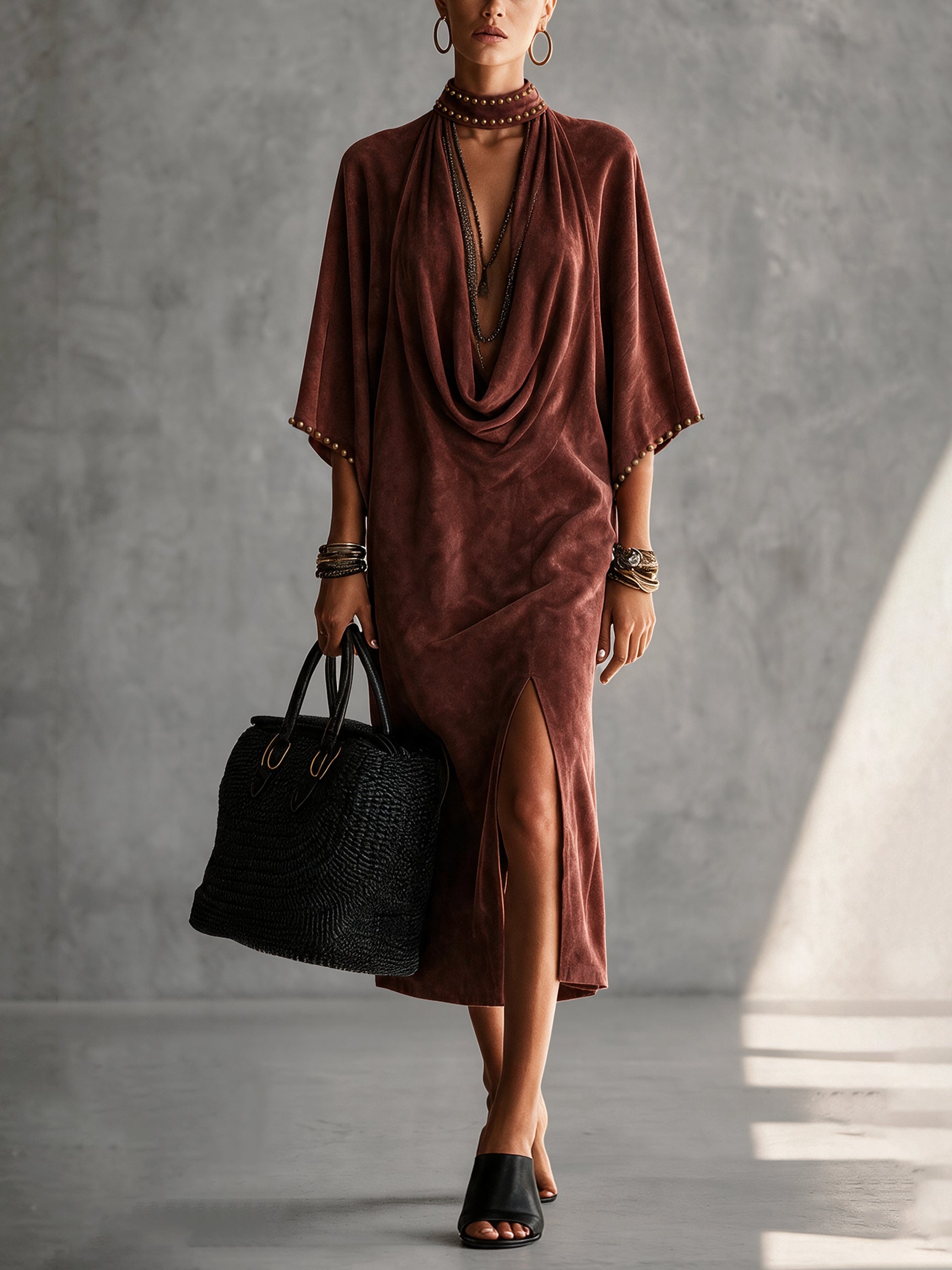 Burgundy Faux Suede Beaded Slit Midi Dress