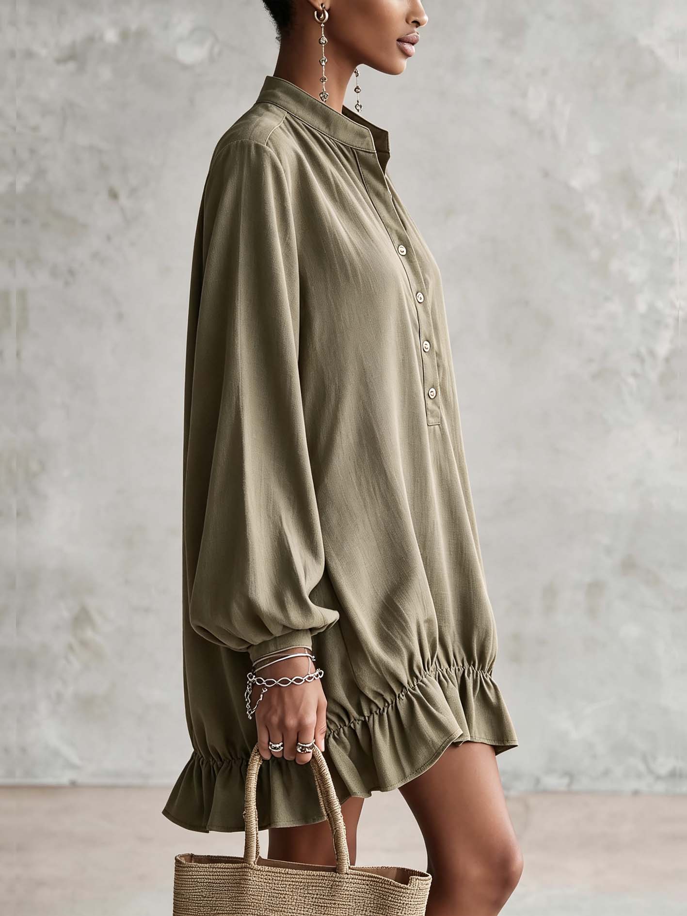 Olive Green Linen Blend Mini Dress With Button Placket And Ruffle Hem