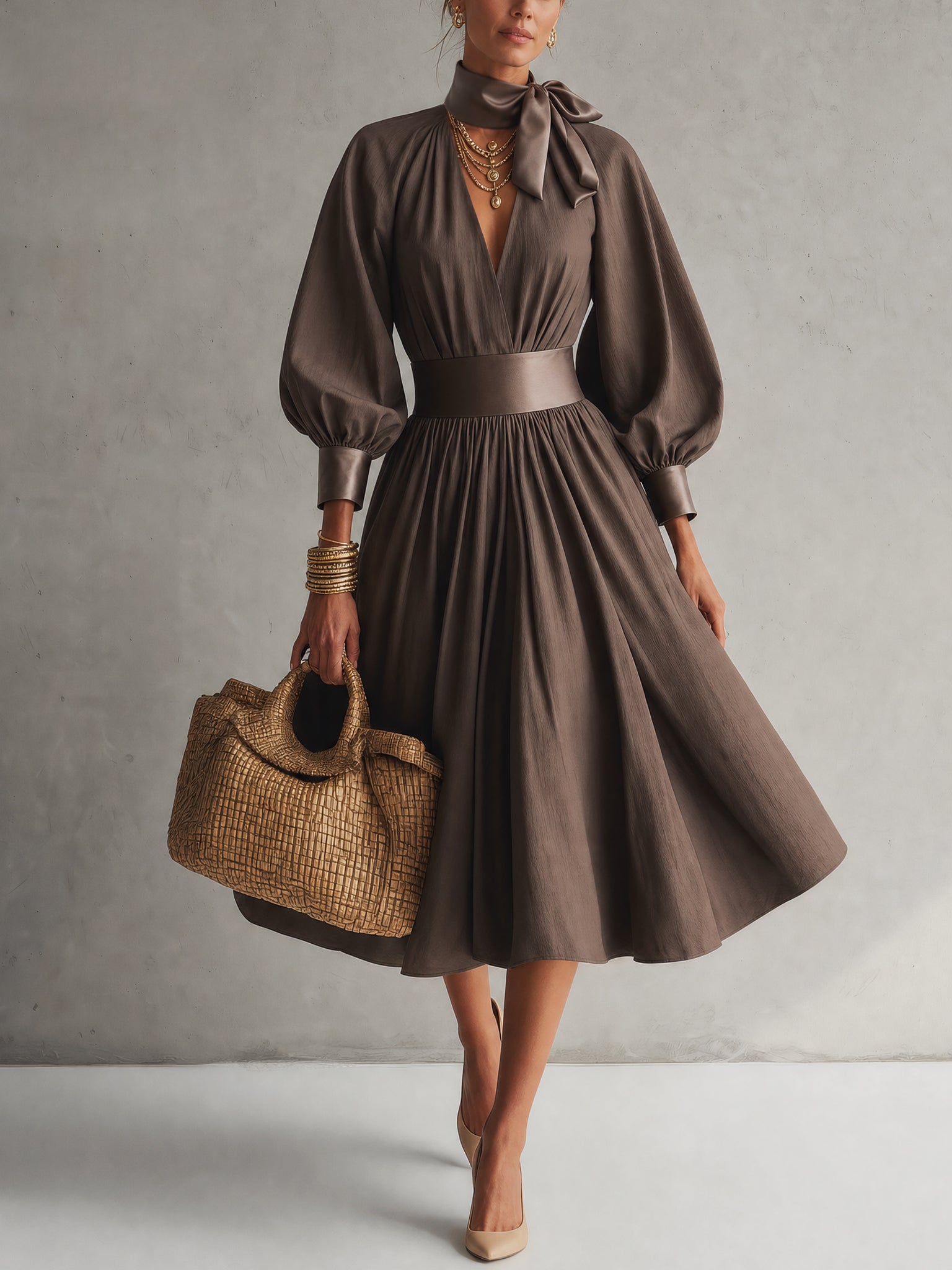 Cocoa Satin Panel Tie Neck Midi Dress