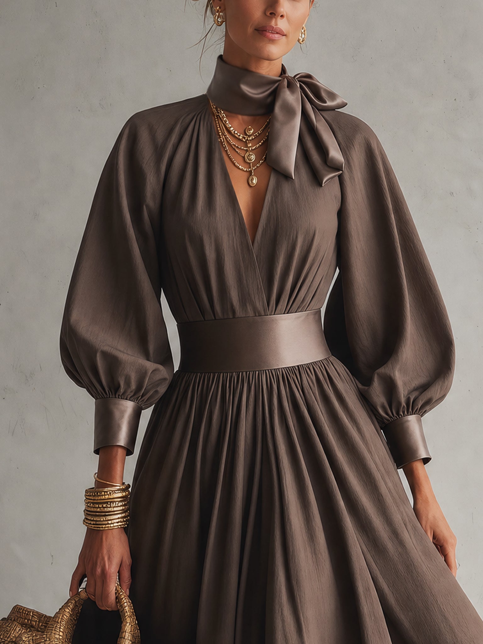 Cocoa Satin Panel Tie Neck Midi Dress
