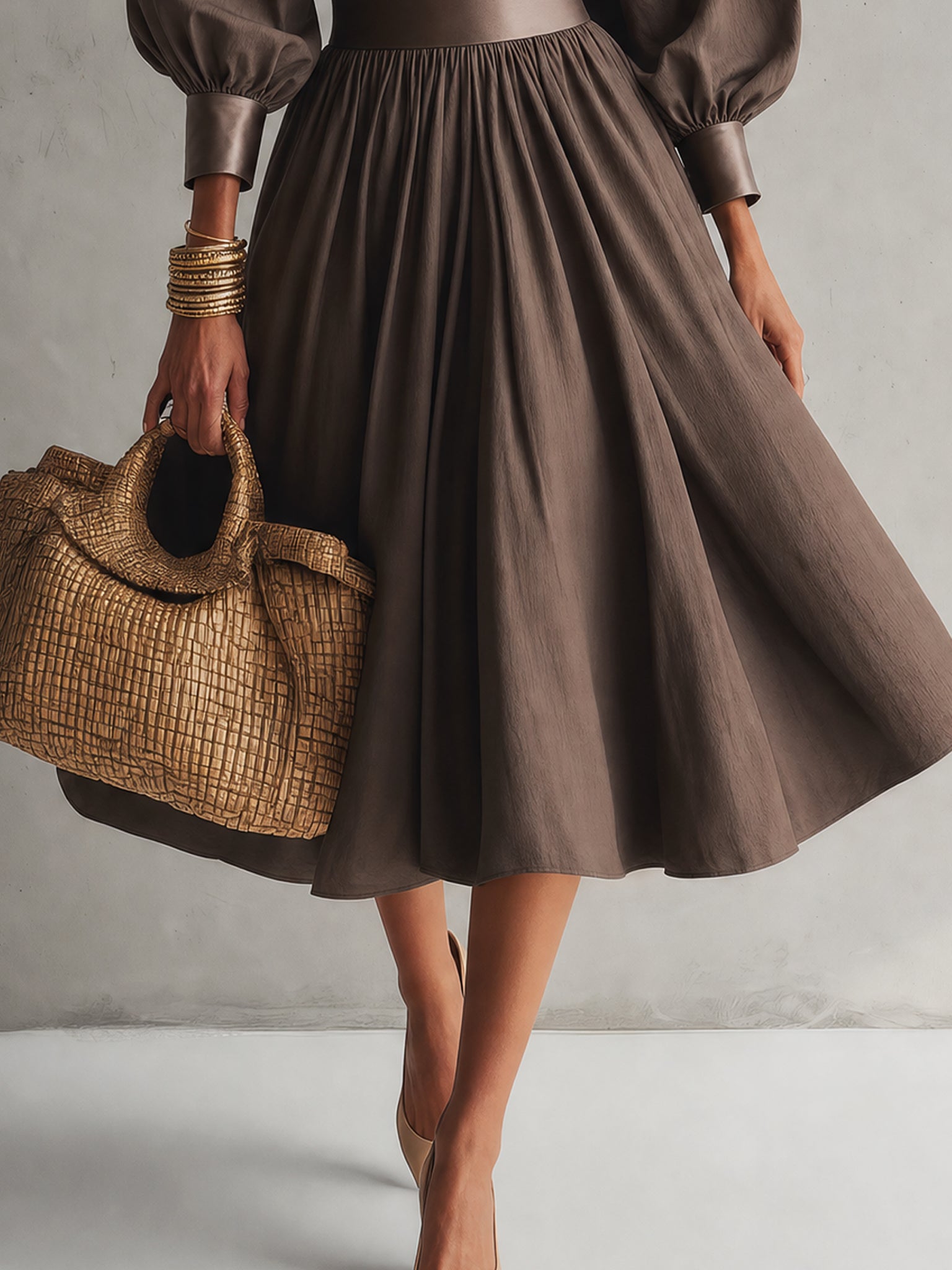 Cocoa Satin Panel Tie Neck Midi Dress