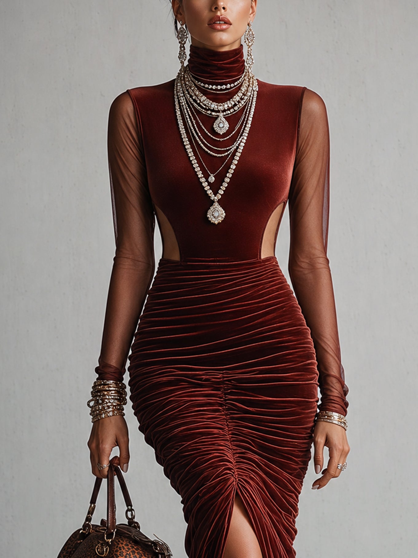 Burgundy Velvet Panel Bodycon Mermaid Dress
