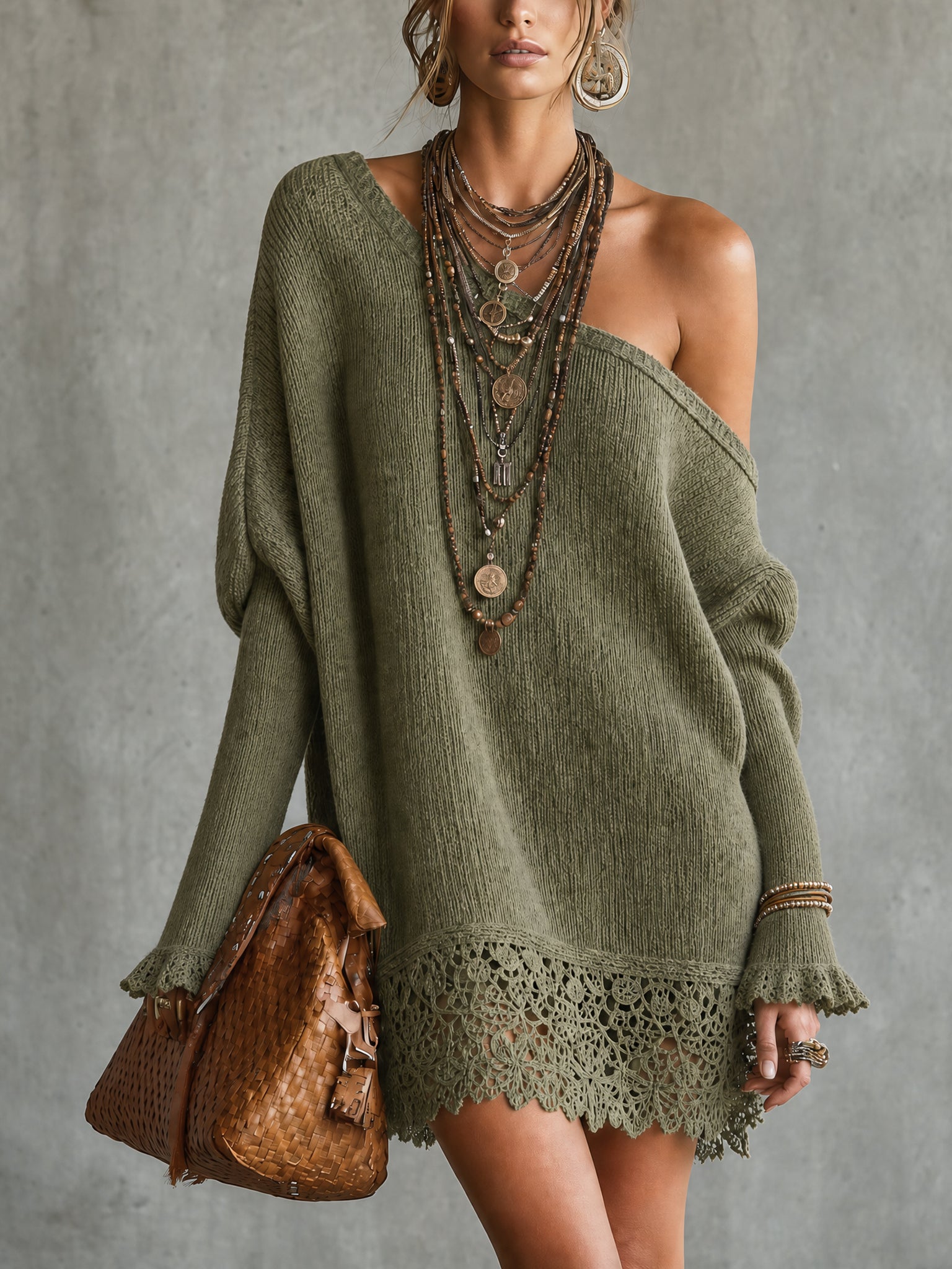 Green Off Shoulder Knit Lace Trim Mini Dress