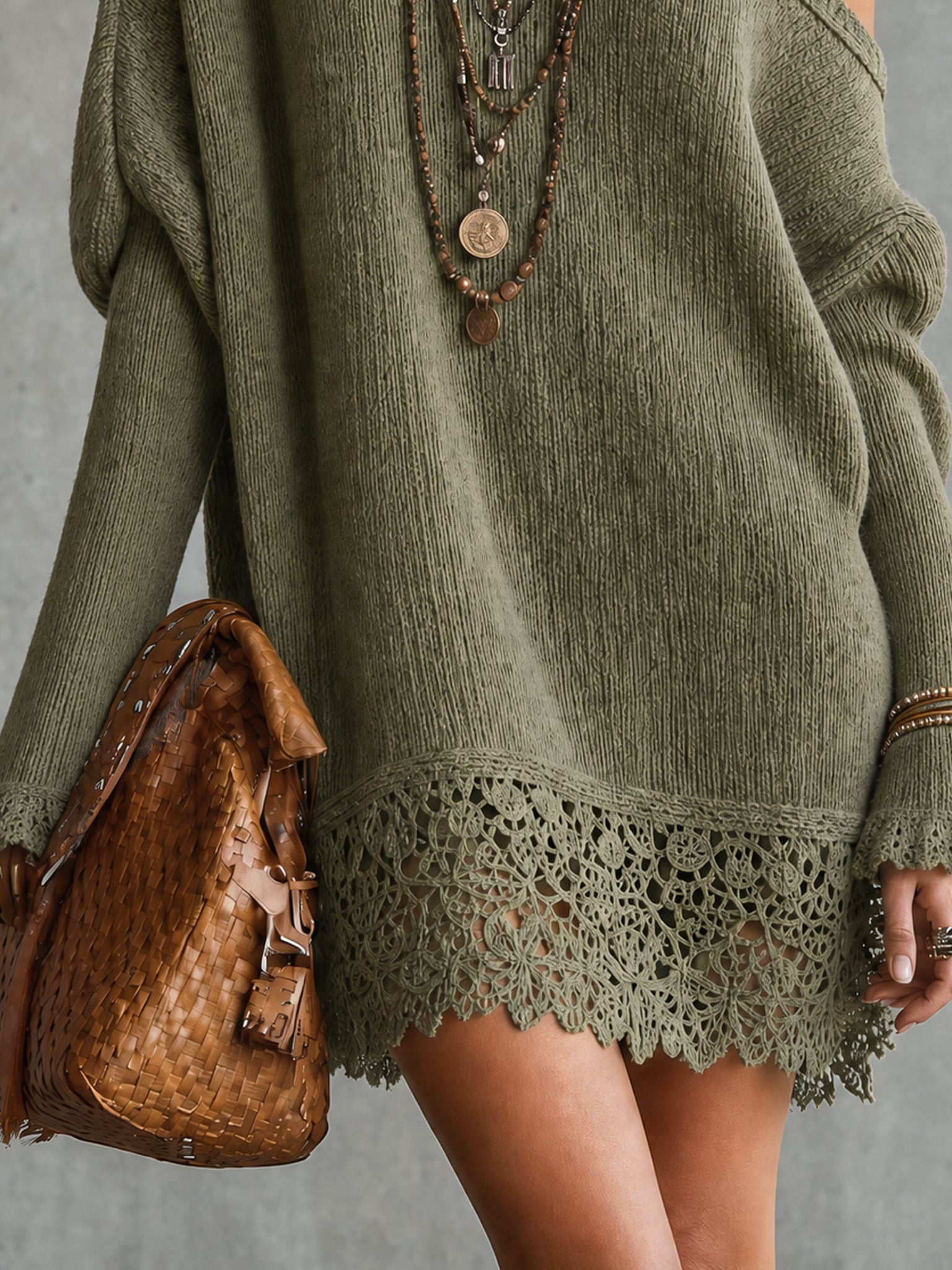 Green Off Shoulder Knit Lace Trim Mini Dress