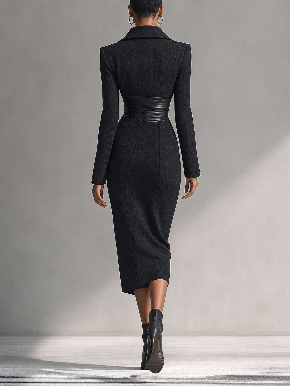 Black Collared Zipper Leather Waistband Split Midi Dress