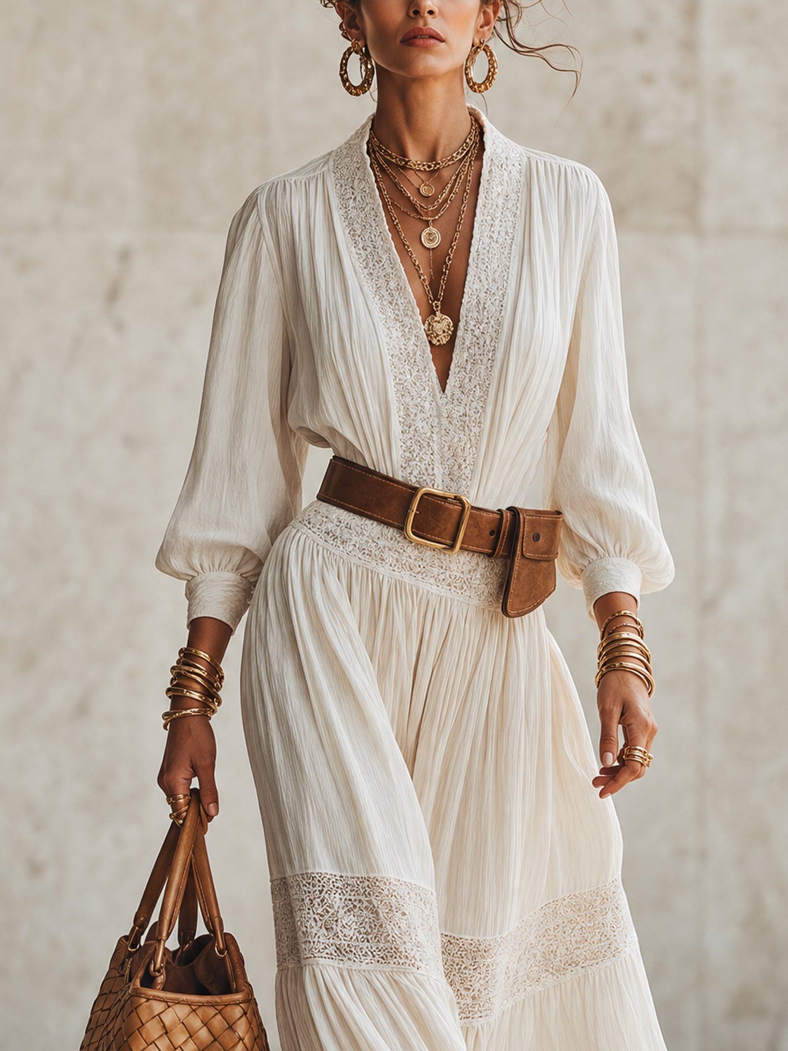 White Pleated Lace Panel Deep V-Neck Maxi Dress