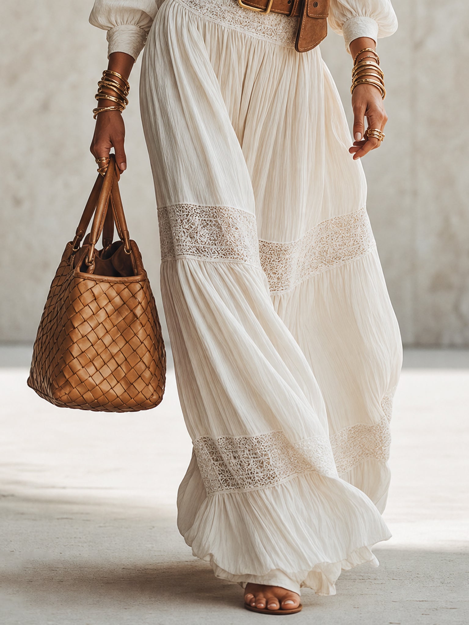 White Pleated Lace Panel Deep V-Neck Maxi Dress