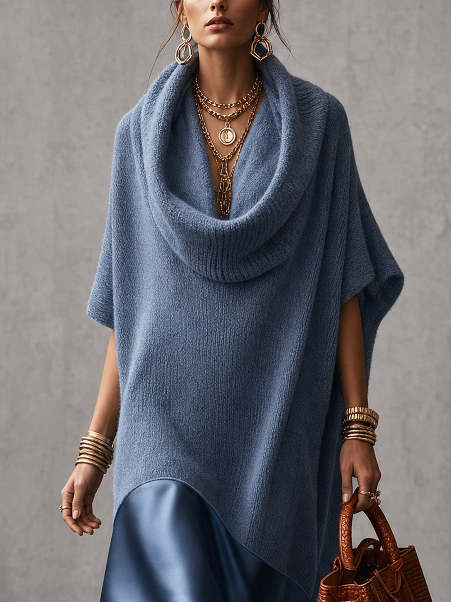 Blue Oversized Cowl Neck Asymmetrical Hem Knit Midi Dress