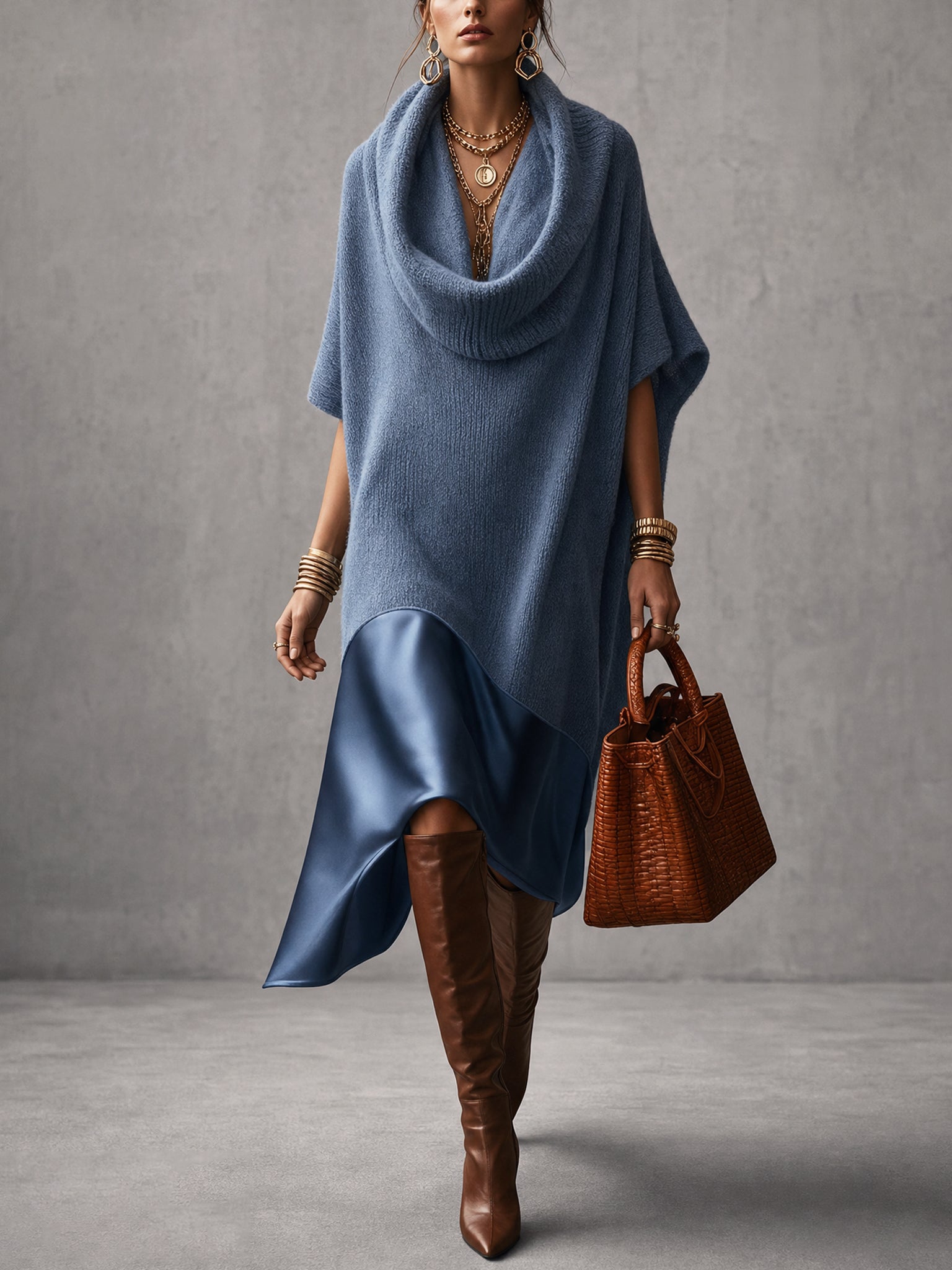 Blue Oversized Cowl Neck Asymmetrical Hem Knit Midi Dress