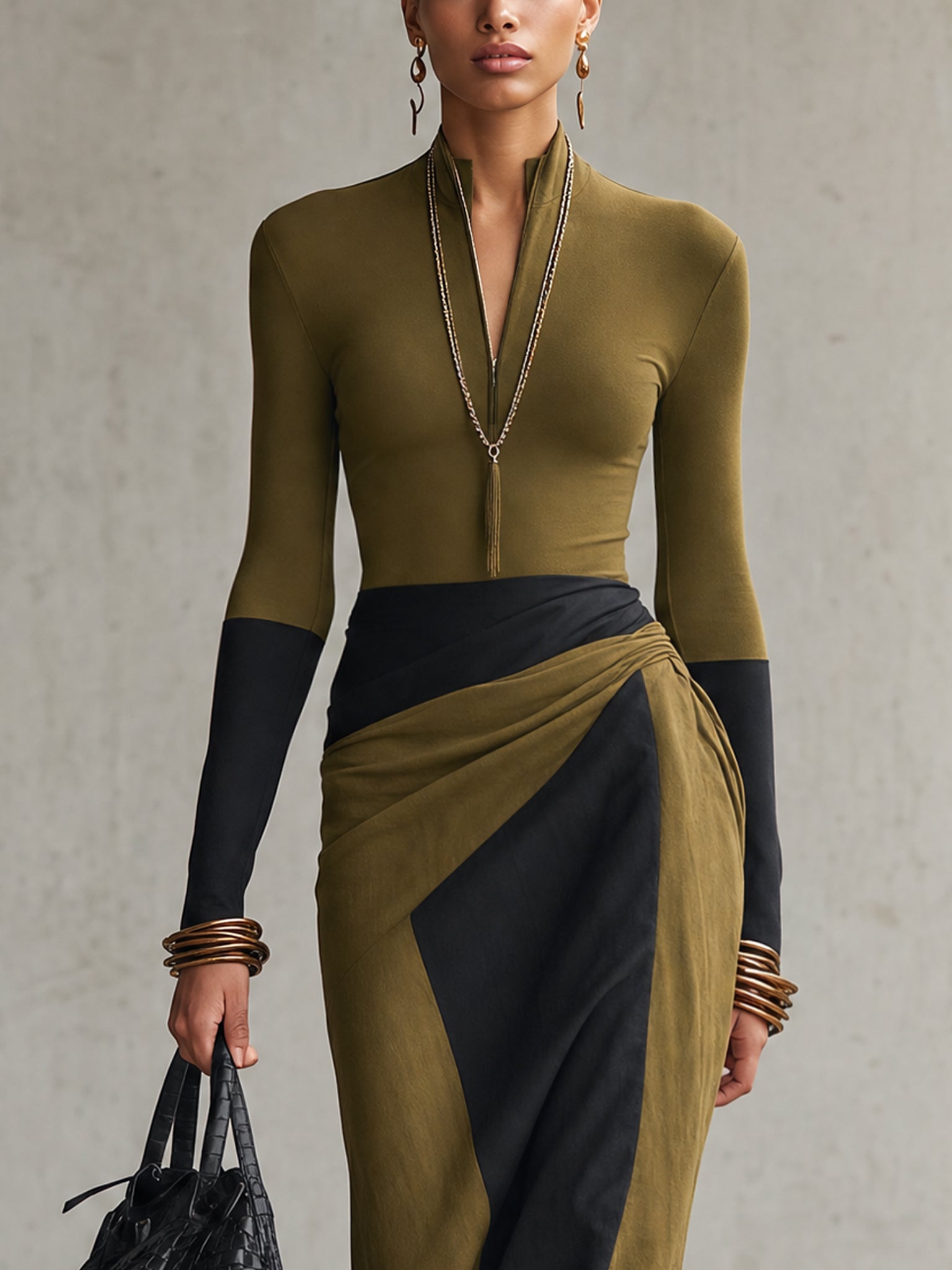 Green And Black Color Block Half Zip Bodycon Midi Dress