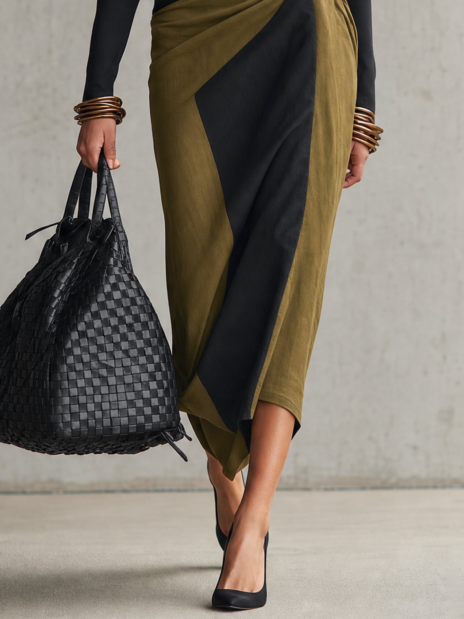 Green And Black Color Block Half Zip Bodycon Midi Dress