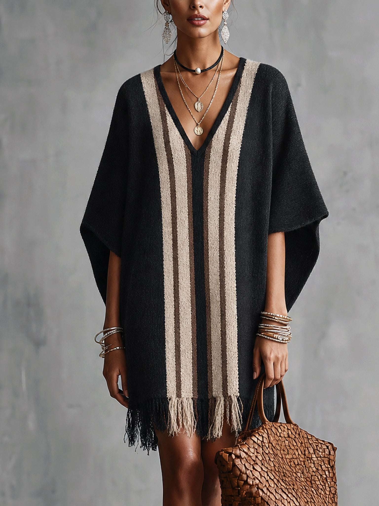 Black Color Block Knit Fringe Mini Dress