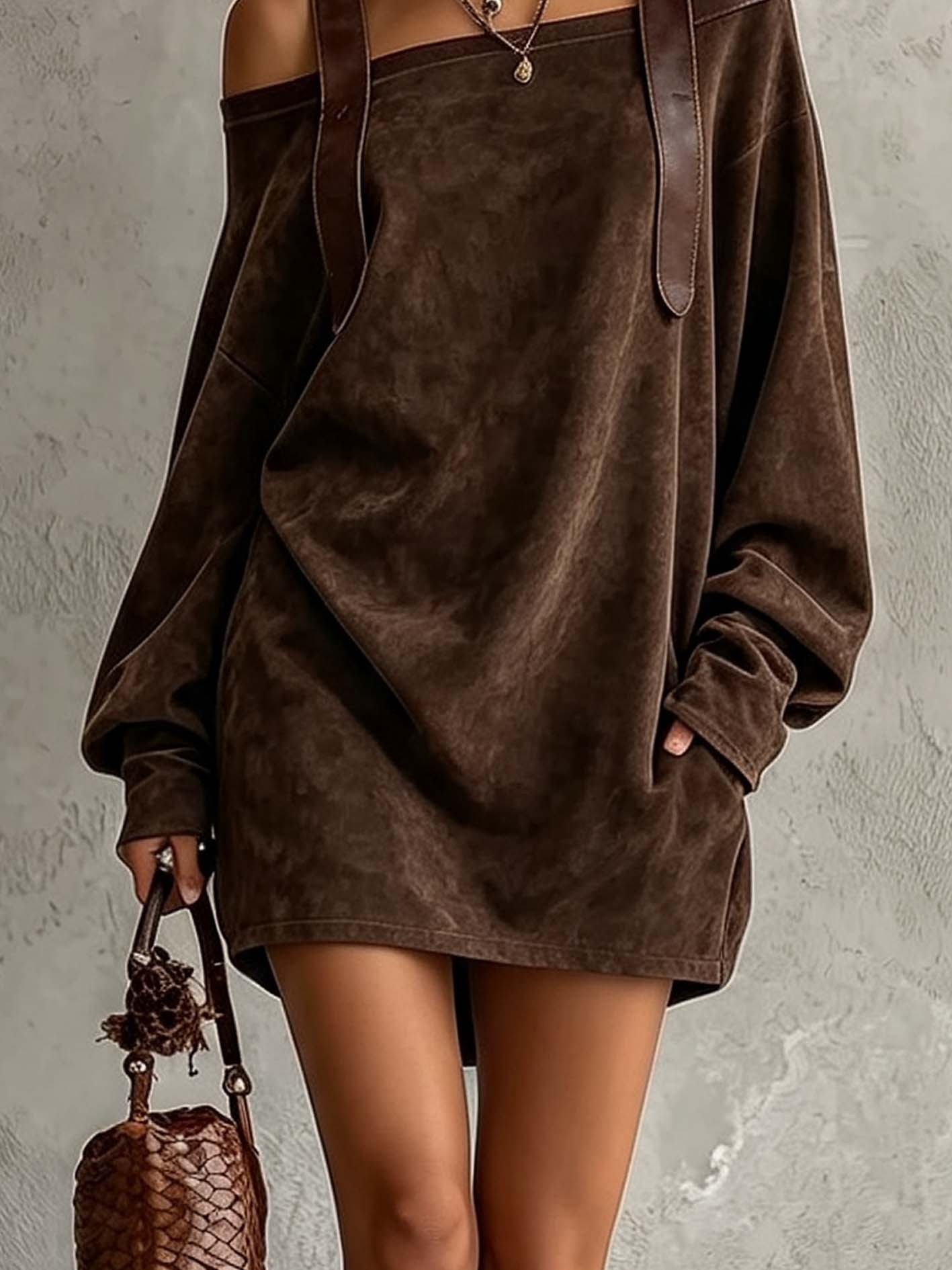 Chocolate Brown Faux Suede Cold Shoulder Mini Dress With Strap Detail
