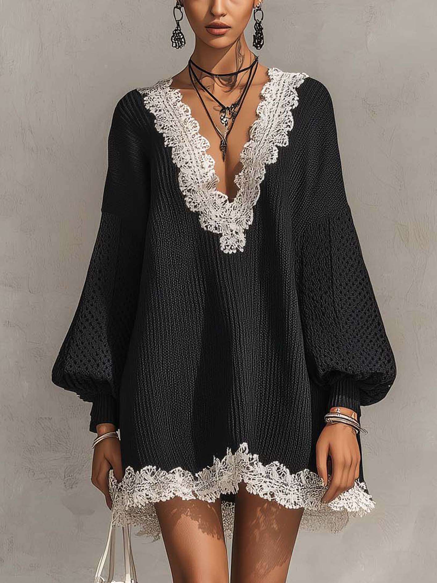 Black Knit Mini Dress With Contrast Lace Trim