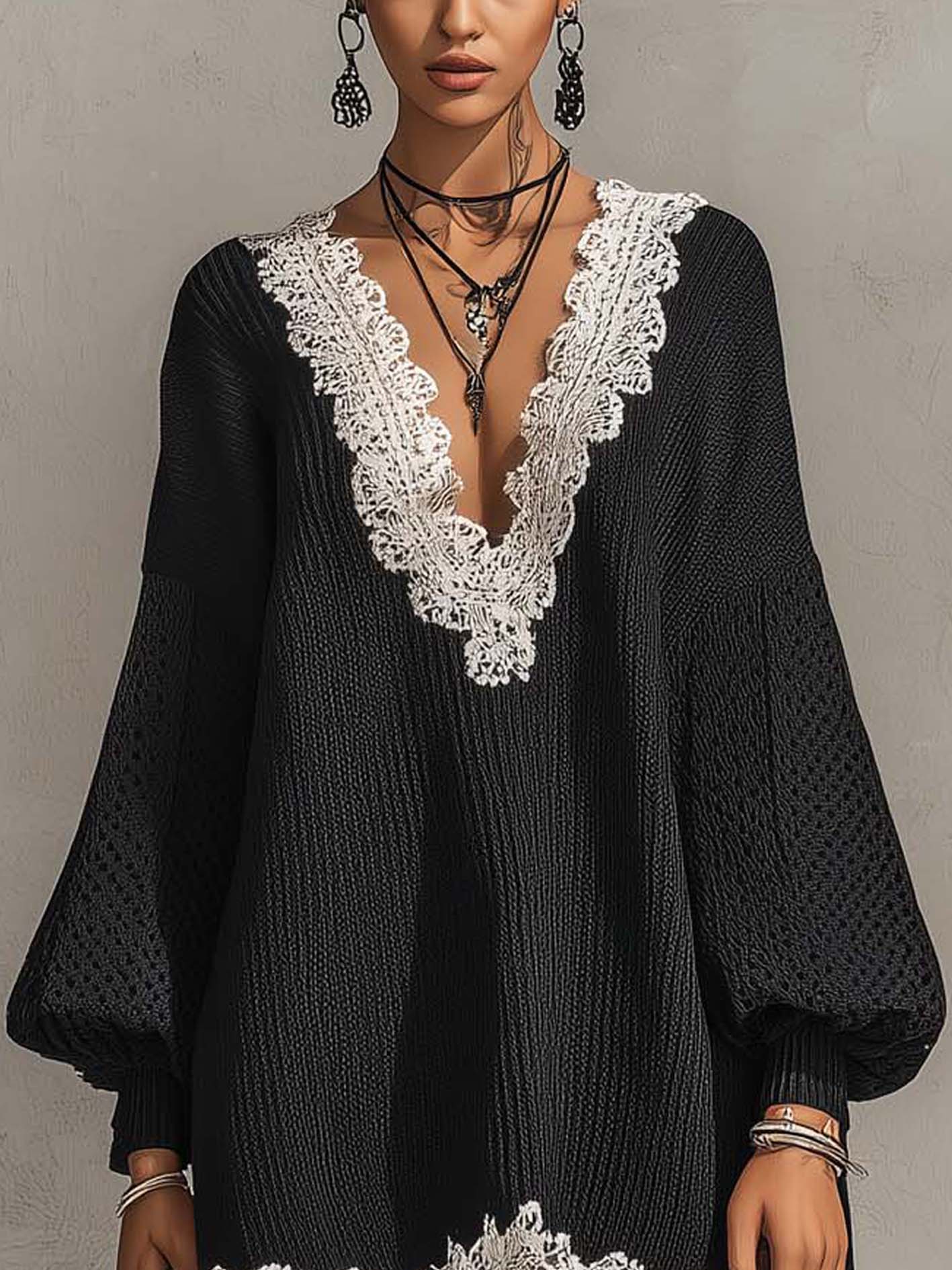 Black Knit Mini Dress With Contrast Lace Trim
