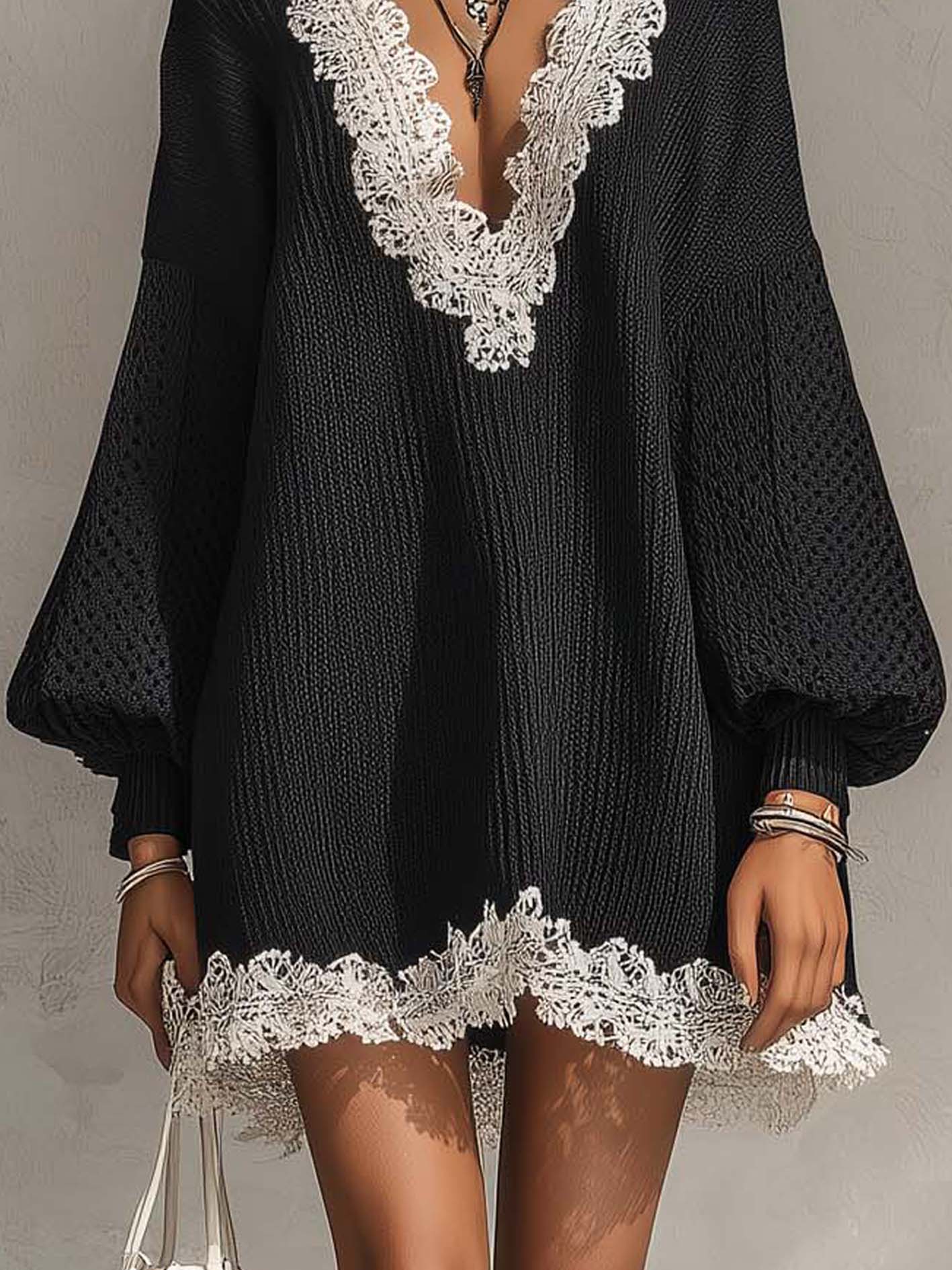 Black Knit Mini Dress With Contrast Lace Trim