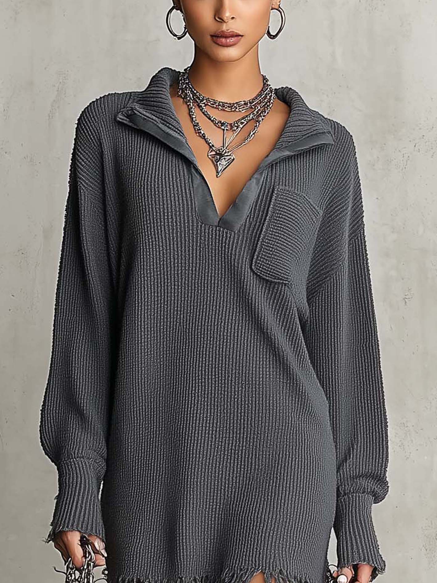 Charcoal Distressed Ribbed Knit Mini Dress With Split Neck