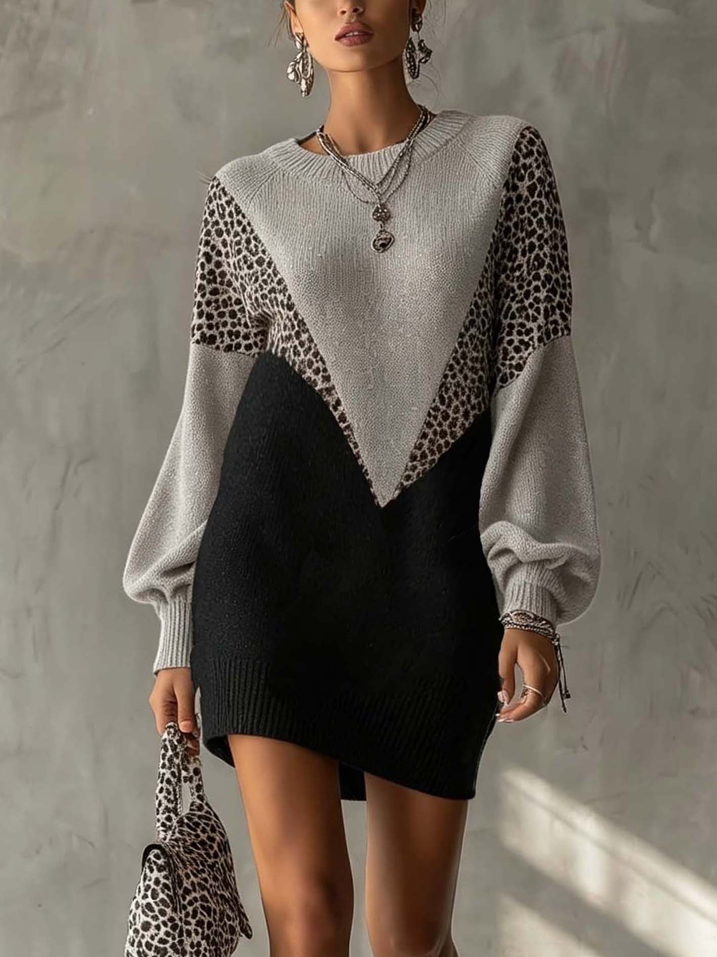 Gray And Black Color Block Knit Mini Dress With Leopard Panels