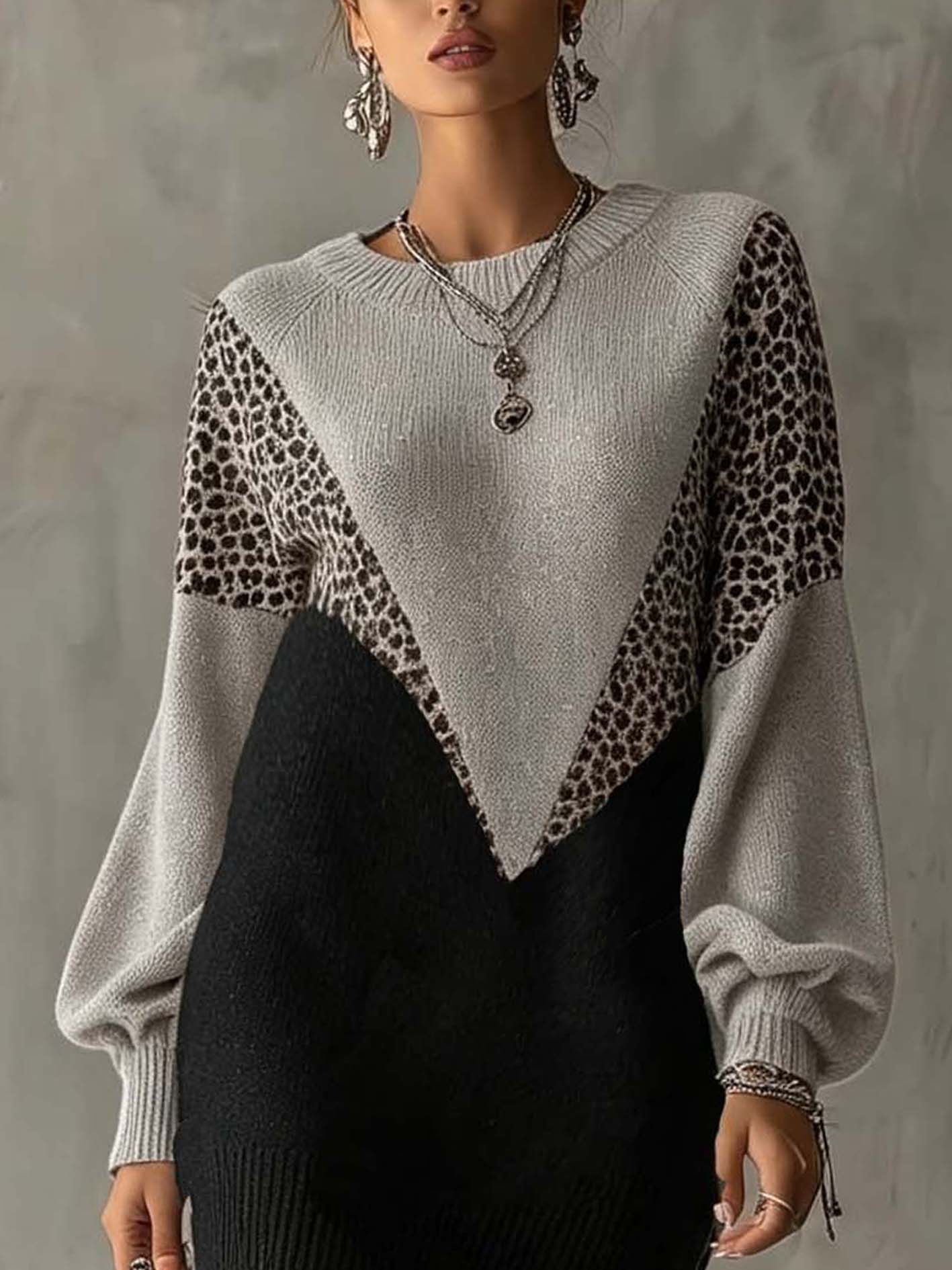 Gray And Black Color Block Knit Mini Dress With Leopard Panels