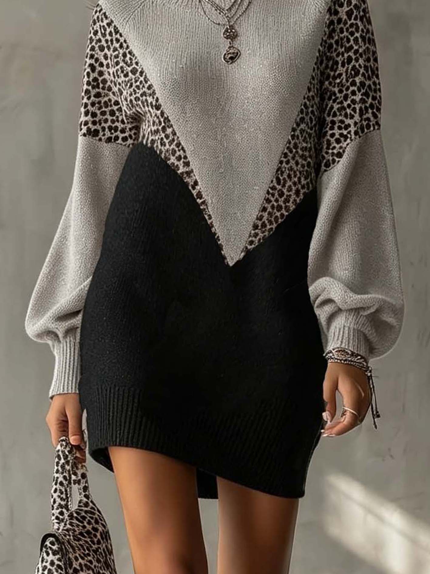 Gray And Black Color Block Knit Mini Dress With Leopard Panels